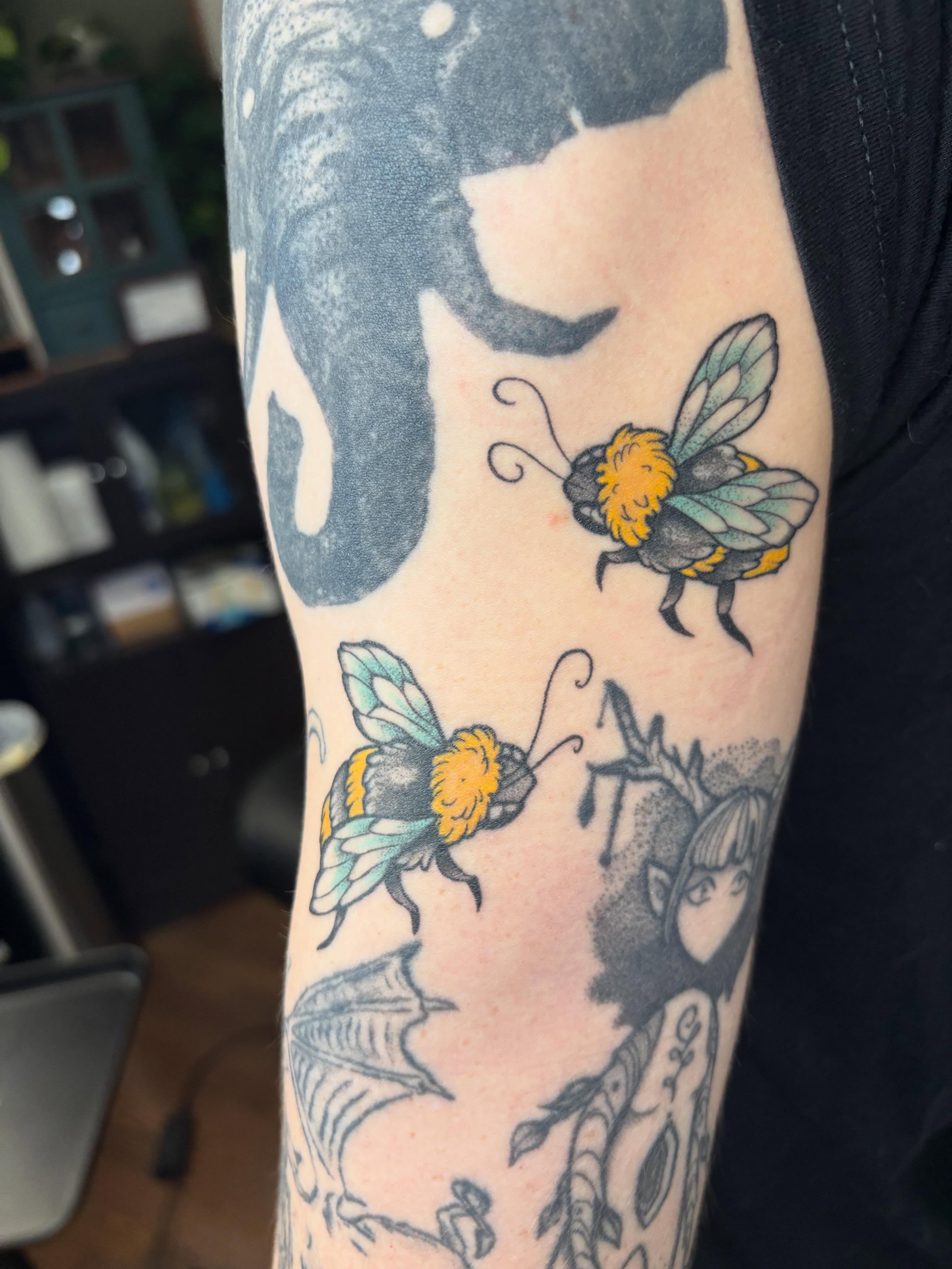 Bees American traditional tattoo on the forearm by Wren Hollow, Portland, Oregon