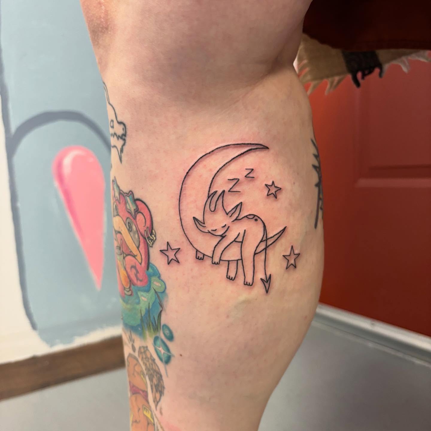 Sleeping fox American traditional tattoo on the thigh by ☠️mikauley☠️