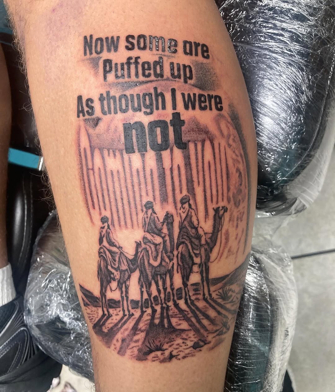 Tattoo by @tha_hot_dawg — lettering_script, black_and_grey