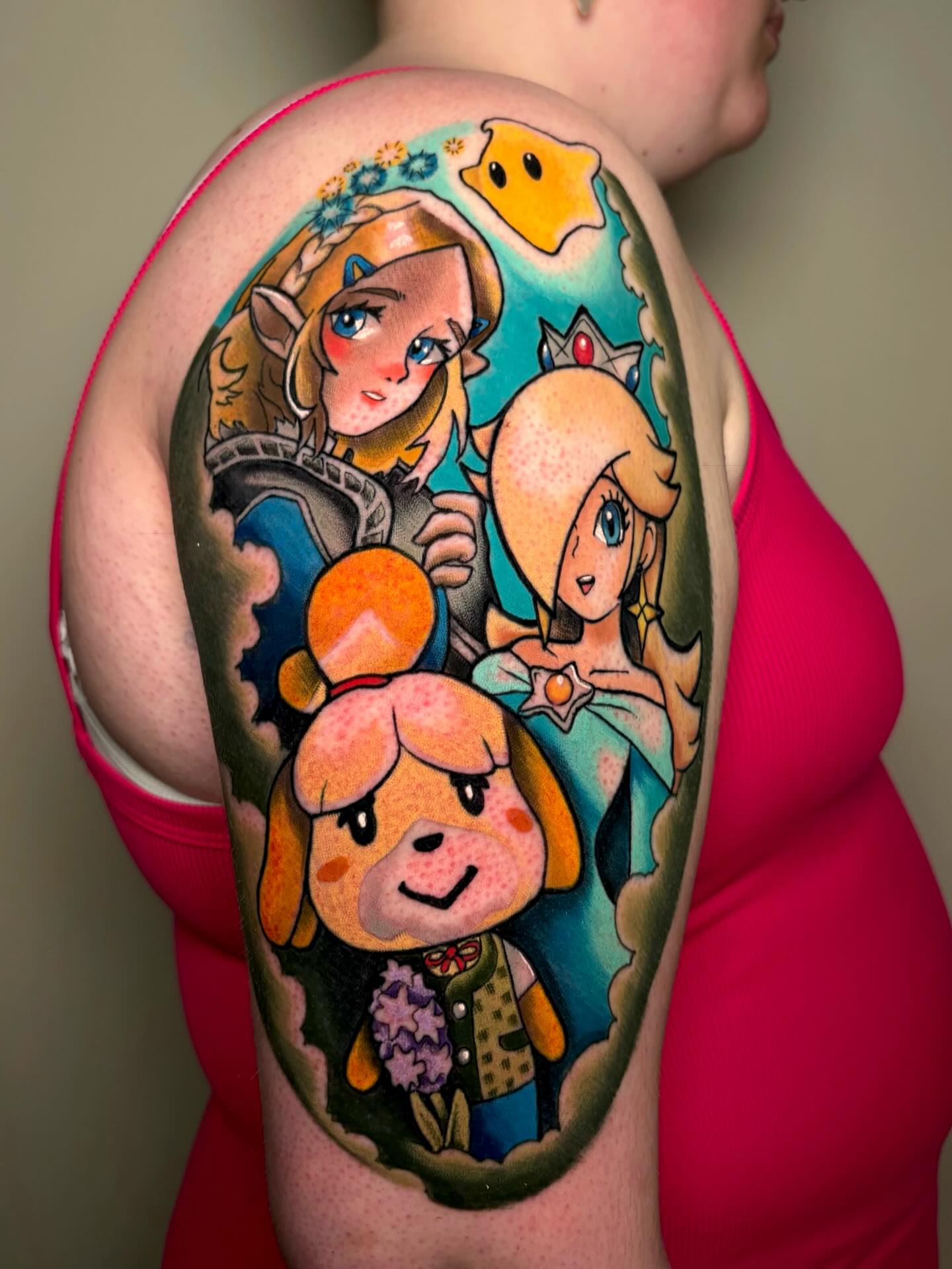 Animal crossing characters anime tattoo on the shoulder by Jess