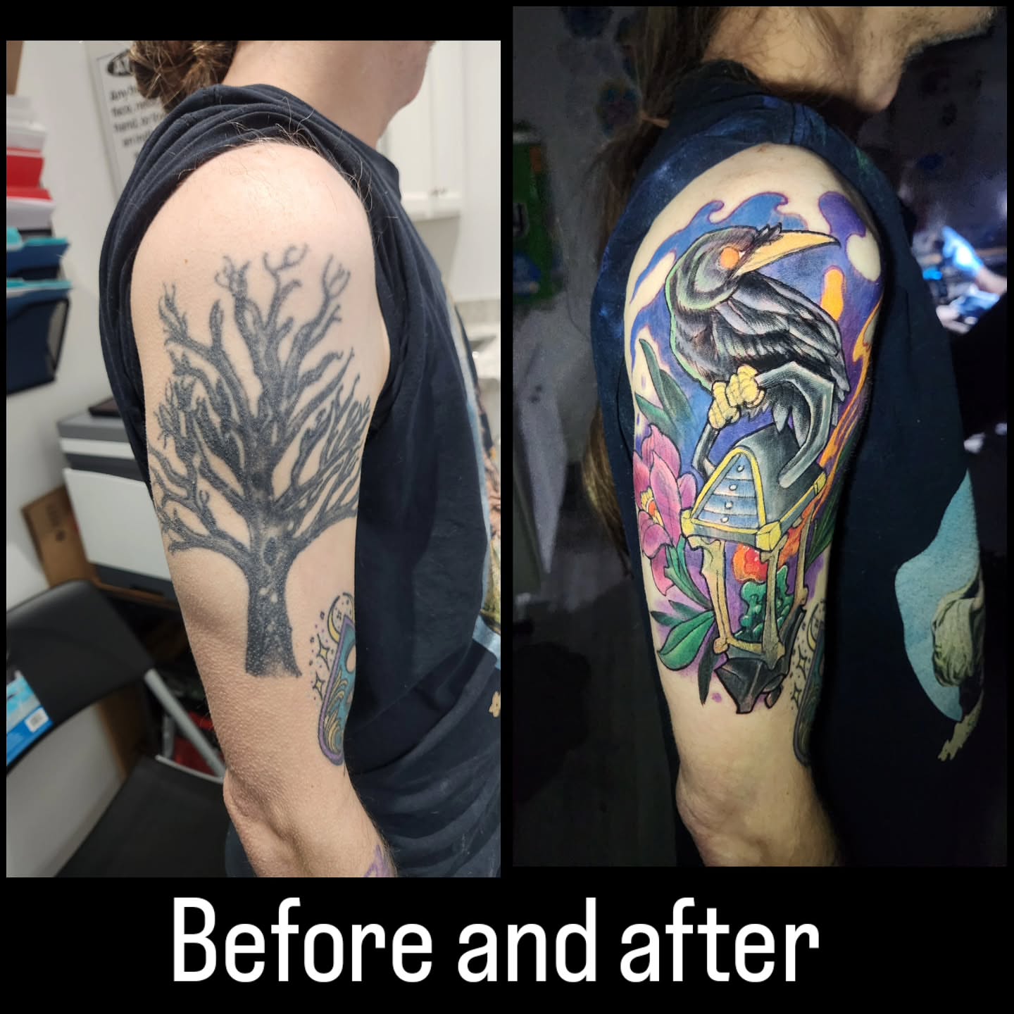 Crow and lantern new school tattoo on the upper arm by Chris Bowen