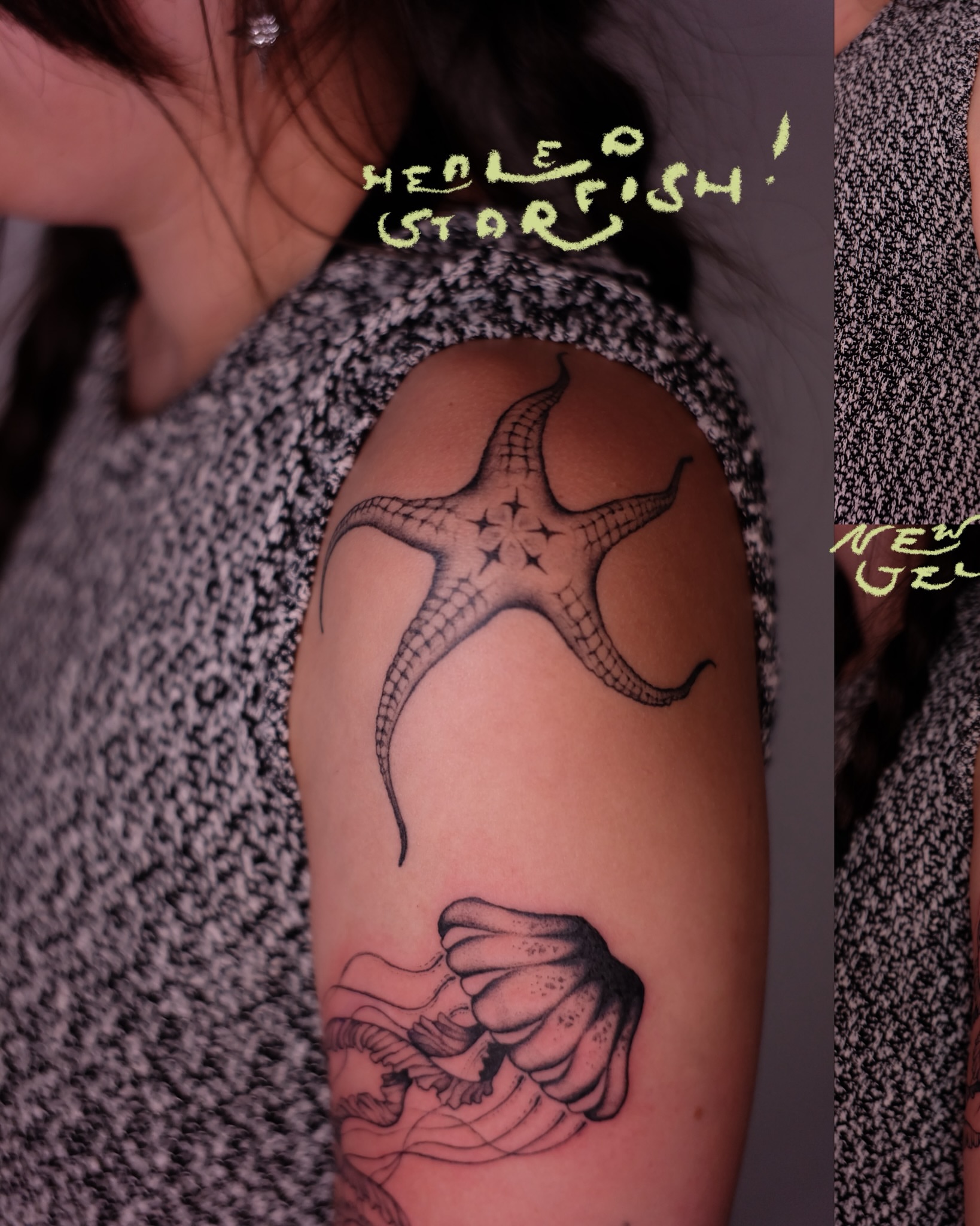 Starfish and jellyfish realism tattoo on the upper arm by Sisilia