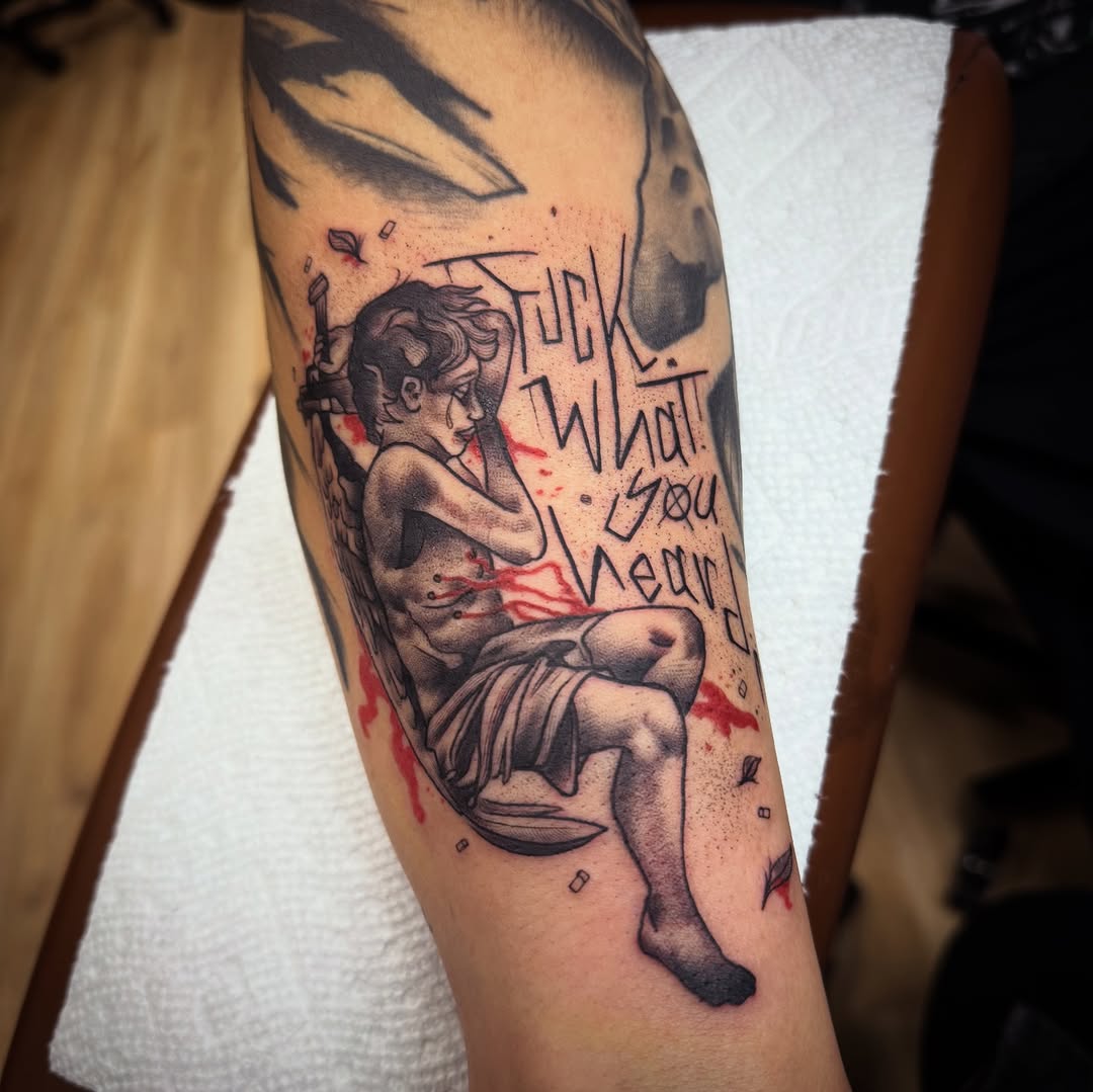 Crying figure with sword and text realism tattoo on the forearm by 🌙Jose Maldonado🌙
