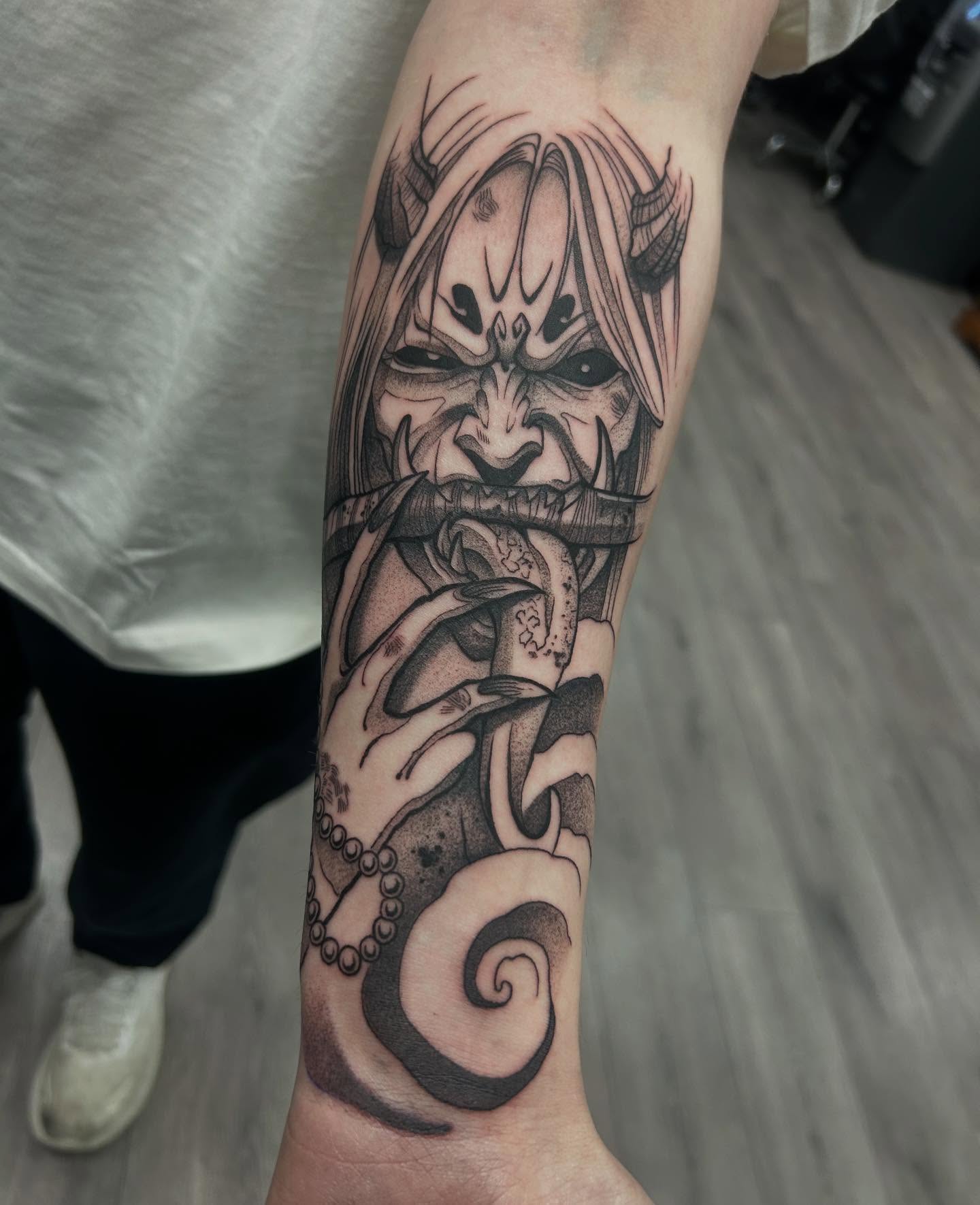Demon dark realism tattoo on the forearm by Livy baby