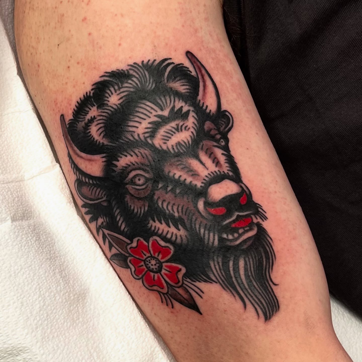 Buffalo head American traditional tattoo on the forearm by @brandonhuckabey, Denver, Colorado