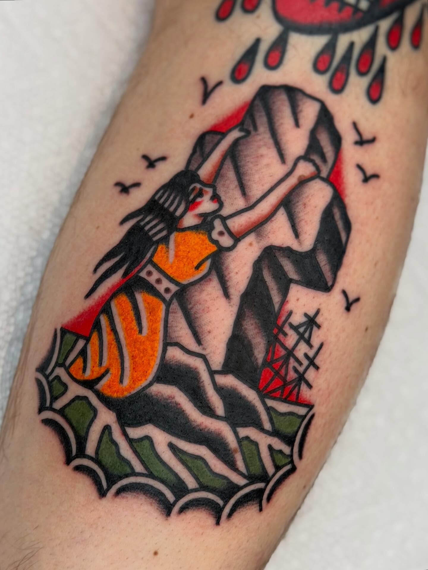 Climber American traditional tattoo on the forearm by Blake Francis, Worcester, Massachusetts