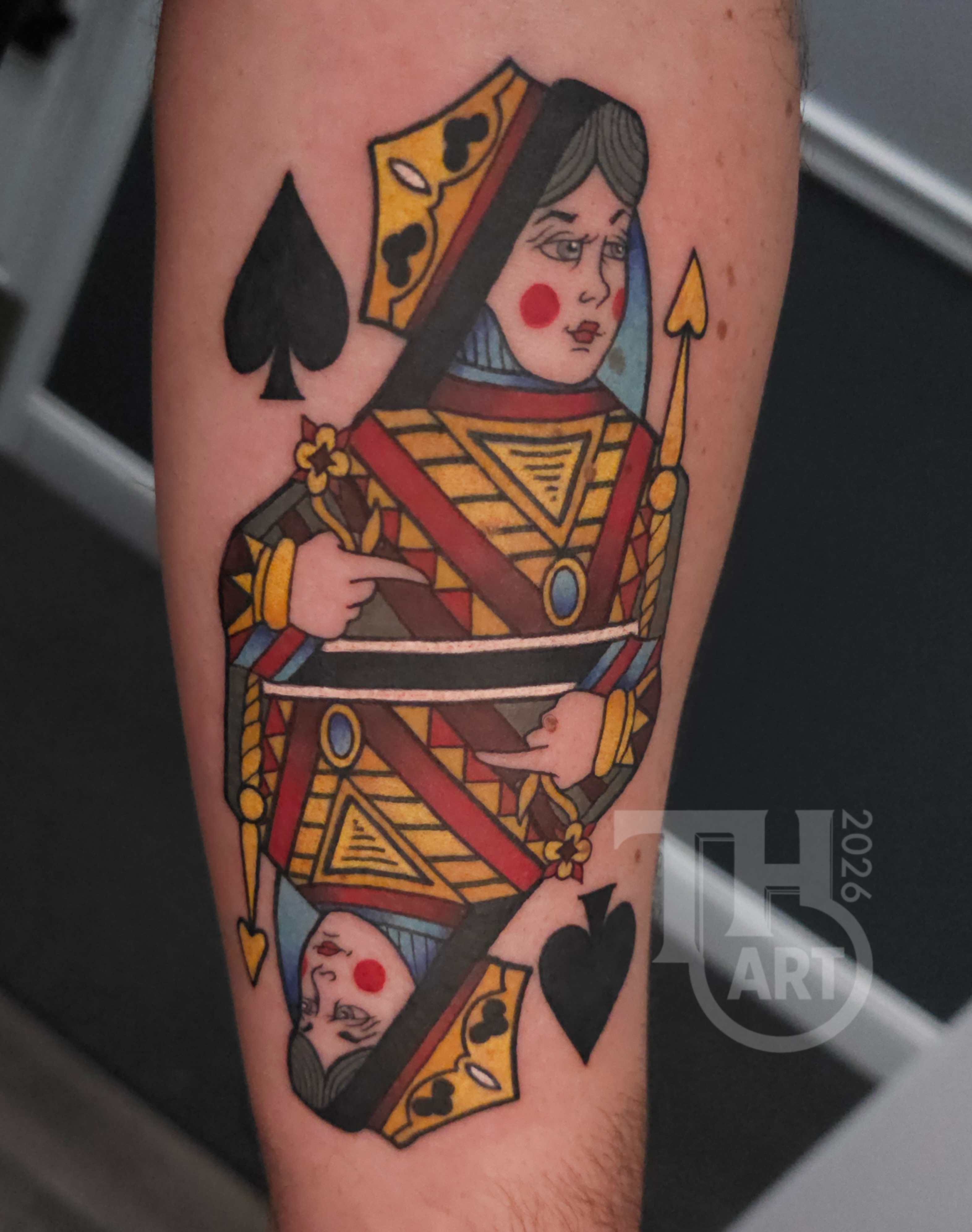 Queen of spades American traditional tattoo on the forearm by Thomas Harris
