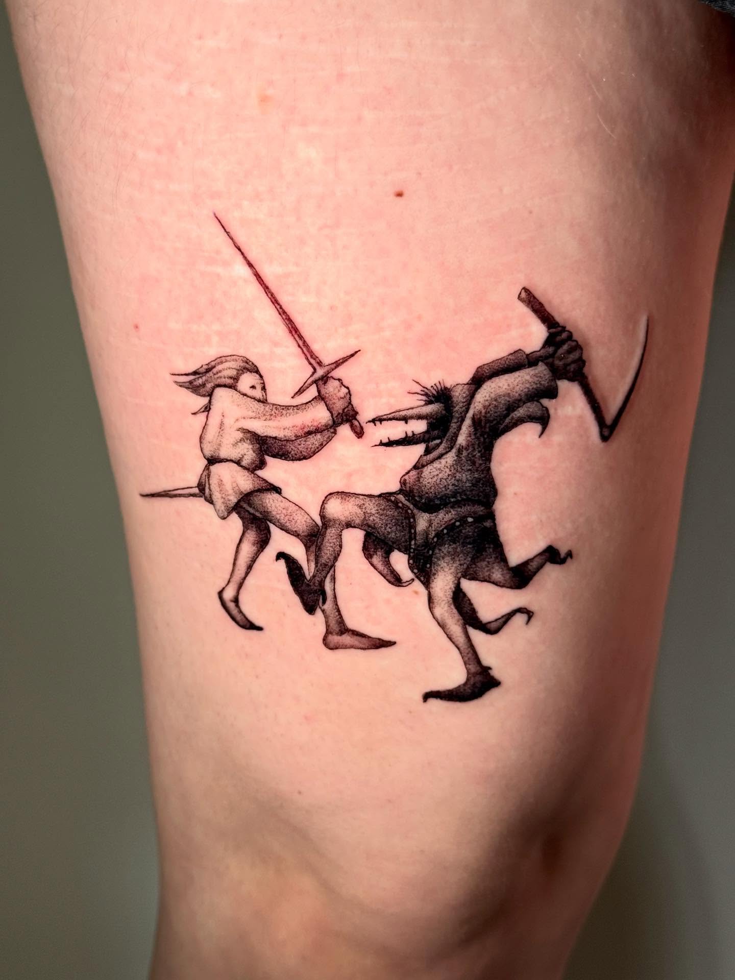 Knight and horse black and grey tattoo on the thigh by C.J. Pennington