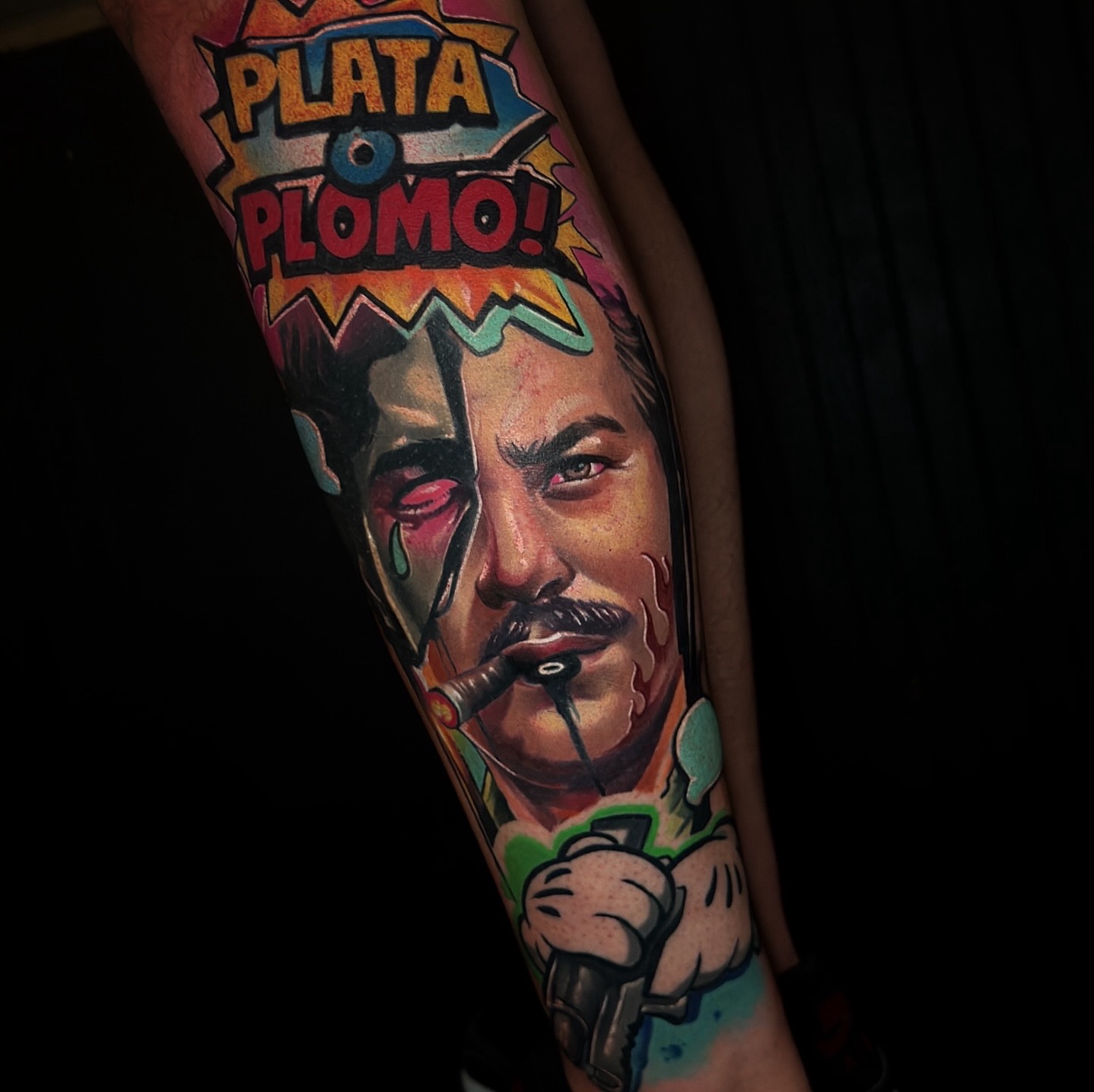 Plata o plomo realism tattoo on the forearm by Donald Reynolds