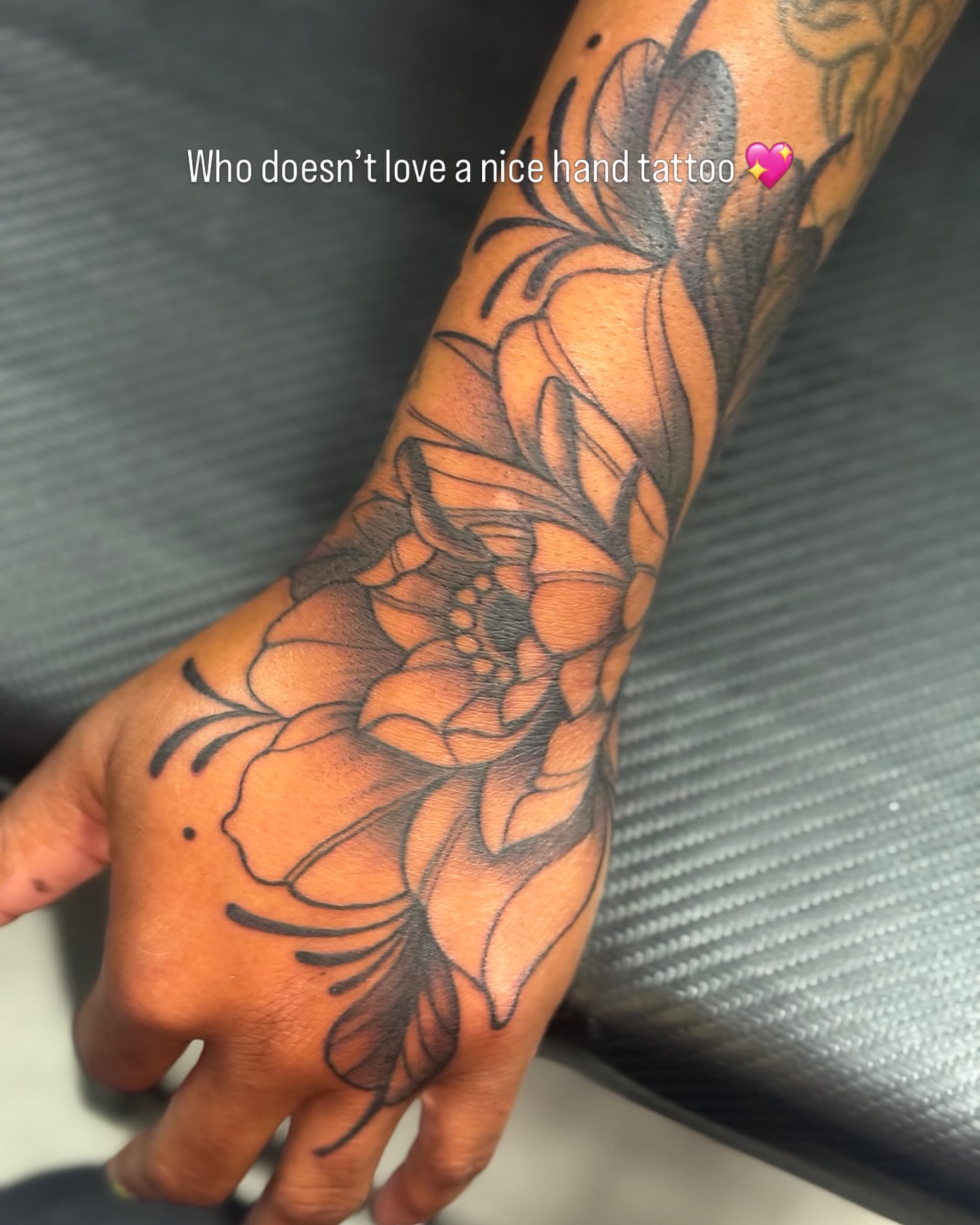 Floral design black and grey tattoo on the hand by LaSwanda SheInks Hickey, Warner Robins, Georgia