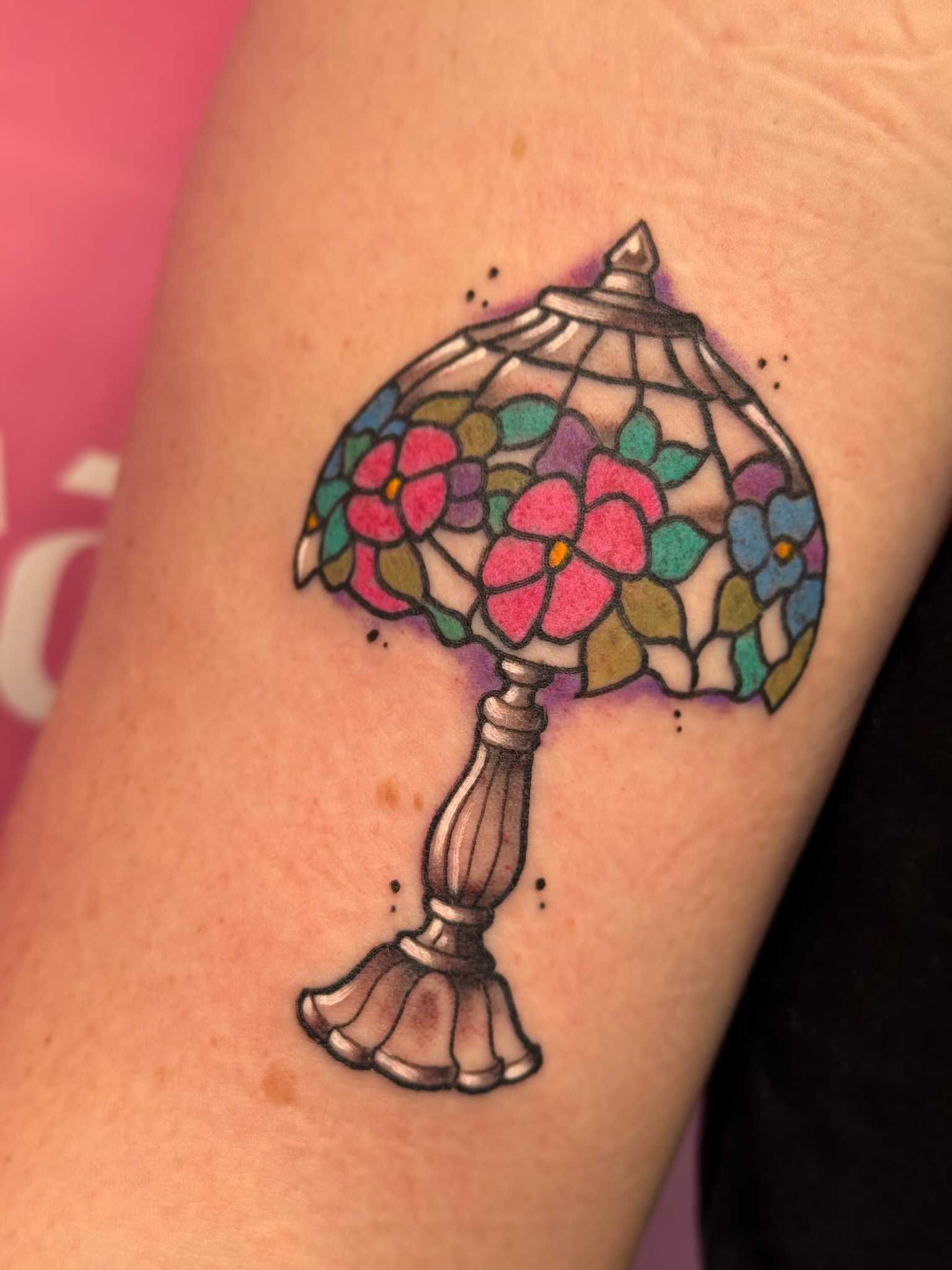 Lampshade new school tattoo on the forearm by Chelsea Graham, Seattle, Washington