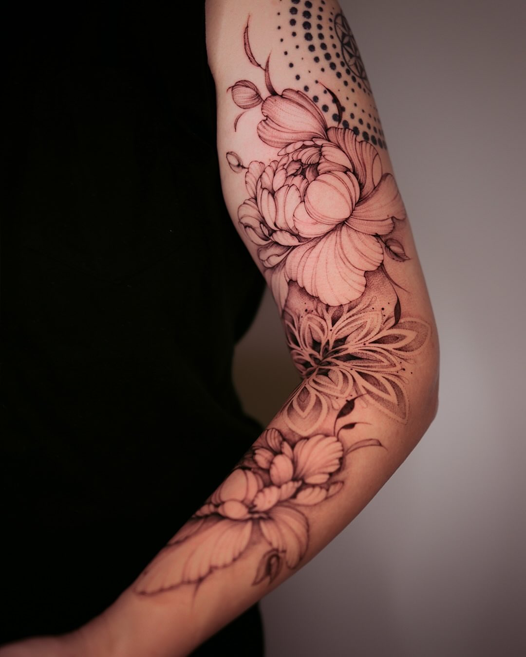 Floral bouquet dotwork tattoo on the forearm by Esther ✣ Fine Line Floral Tattoo Artist LA, Los Angeles, California