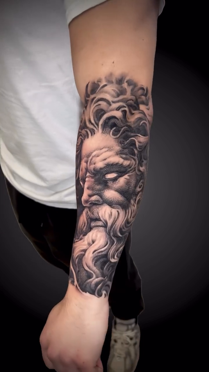 Zeus and lightning realism tattoo by Daniel Fisher, Berlin, New Jersey