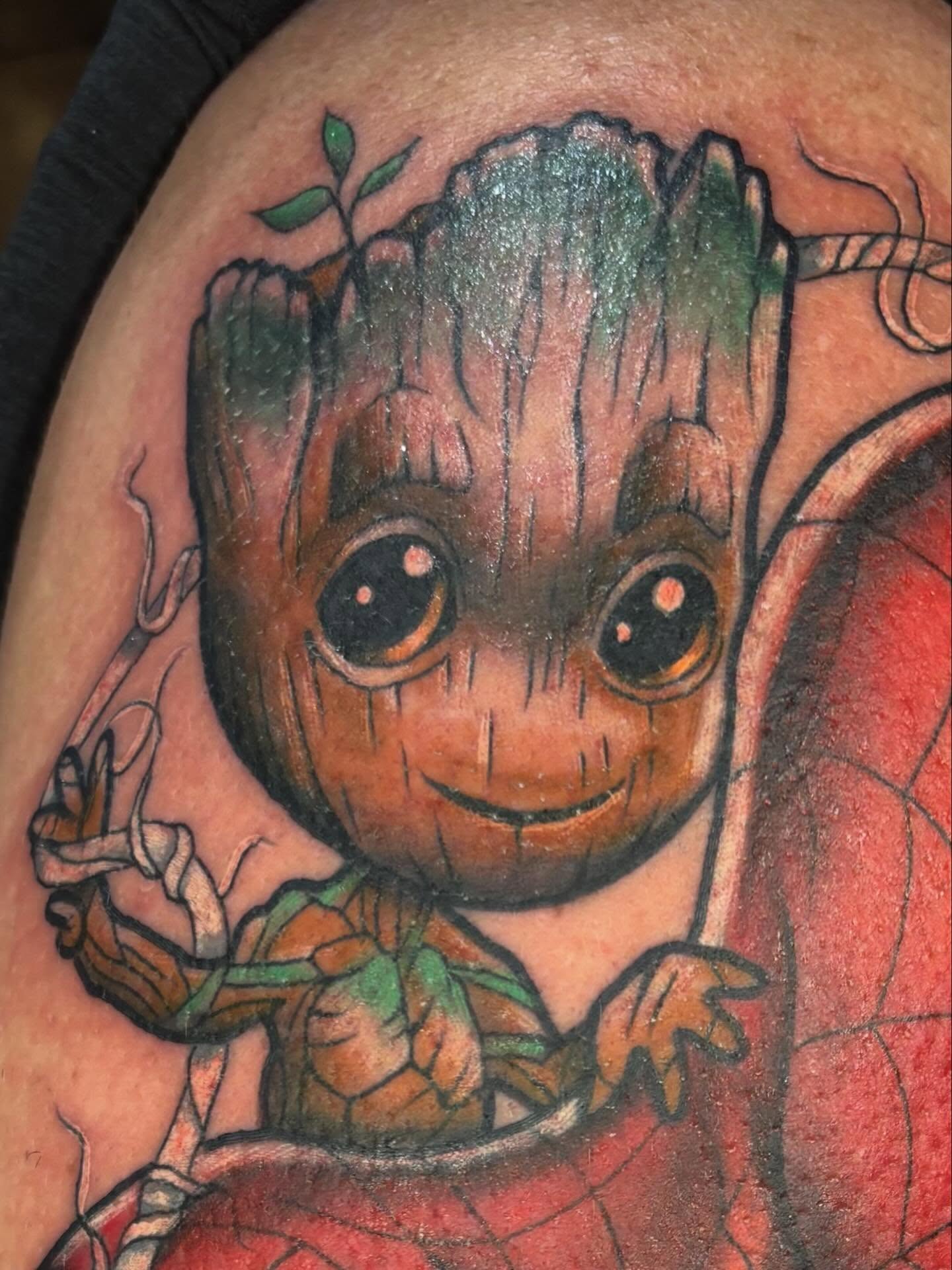 Groot realism tattoo on the shoulder by Alex Green, Nashville, Tennessee
