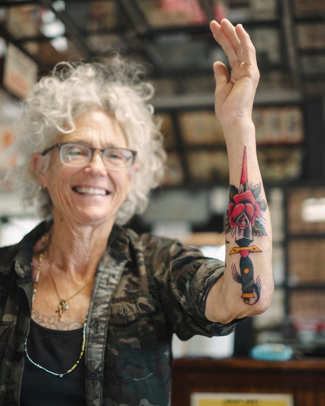 Rose and dagger American traditional tattoo on the forearm by Dan Gilsdorf, Portland, Oregon