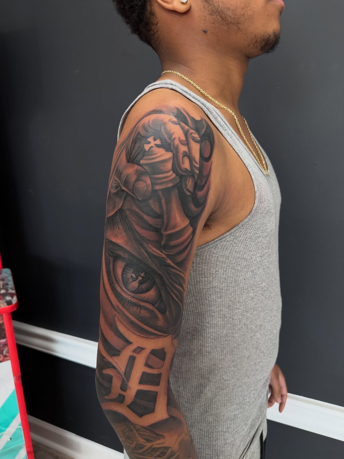 Eye and skull realism tattoo on the upper arm by Michigan📍 Day Sessions $850, Wayne, Michigan