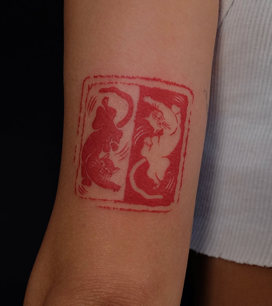 Two cats in a square frame minimalist tattoo on the forearm by lela