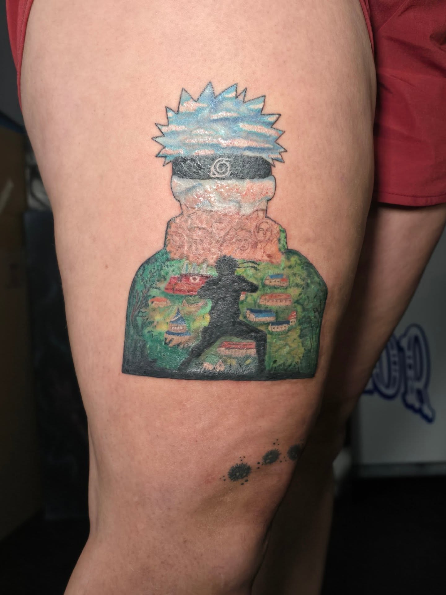 Naruto anime tattoo on the thigh by Maddox Kitson🕷