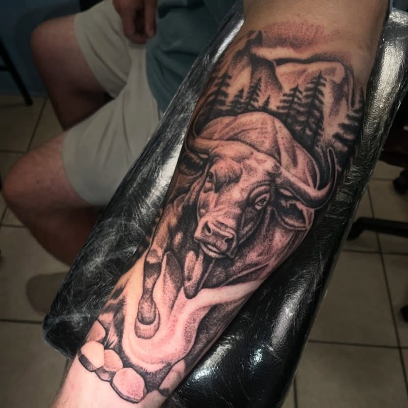 Bull realism tattoo on the forearm by Shadoww Espinoza