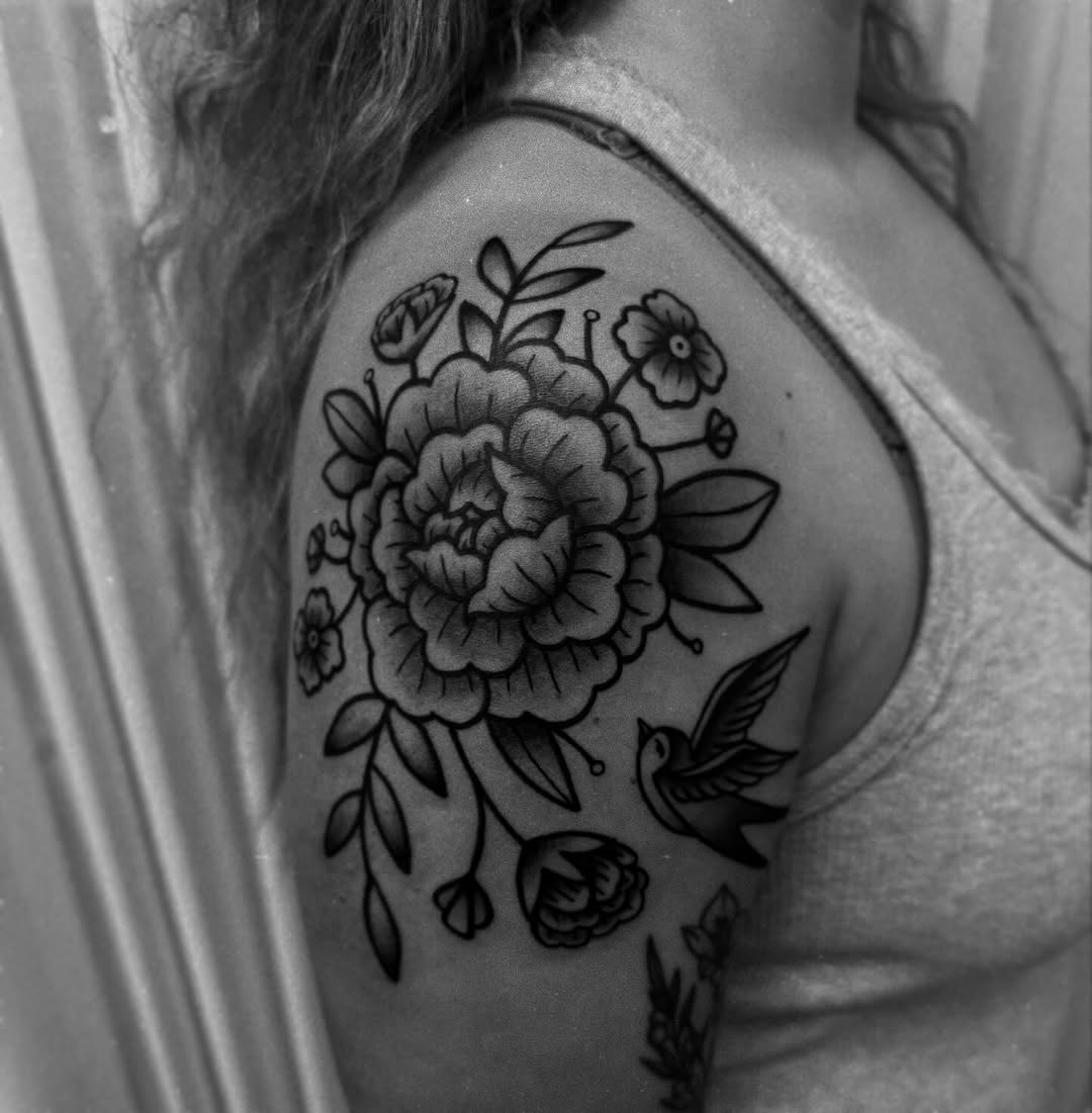 Peony and bird dotwork tattoo on the shoulder by Eden H., Columbus, Ohio
