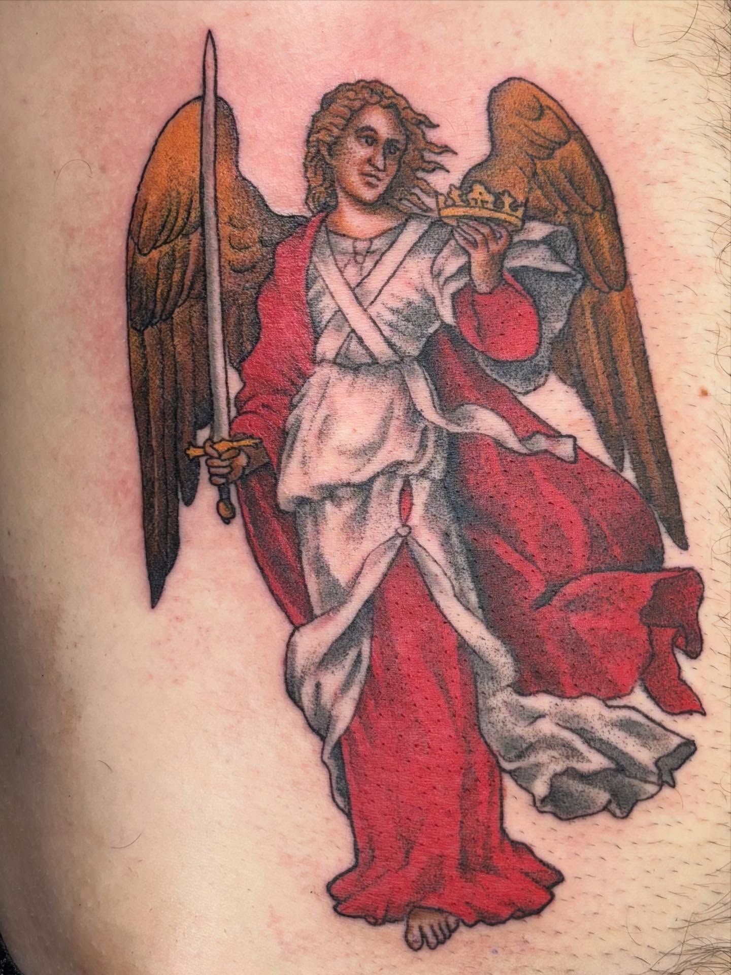 Angel with sword and crown realism tattoo on the thigh by Scottbarrytattoos@gmail.com