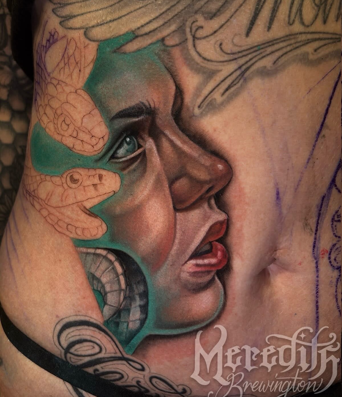 Woman's face with snakes realism tattoo on the thigh by ✨Meredith Brewington✨ Maryland Tattoo