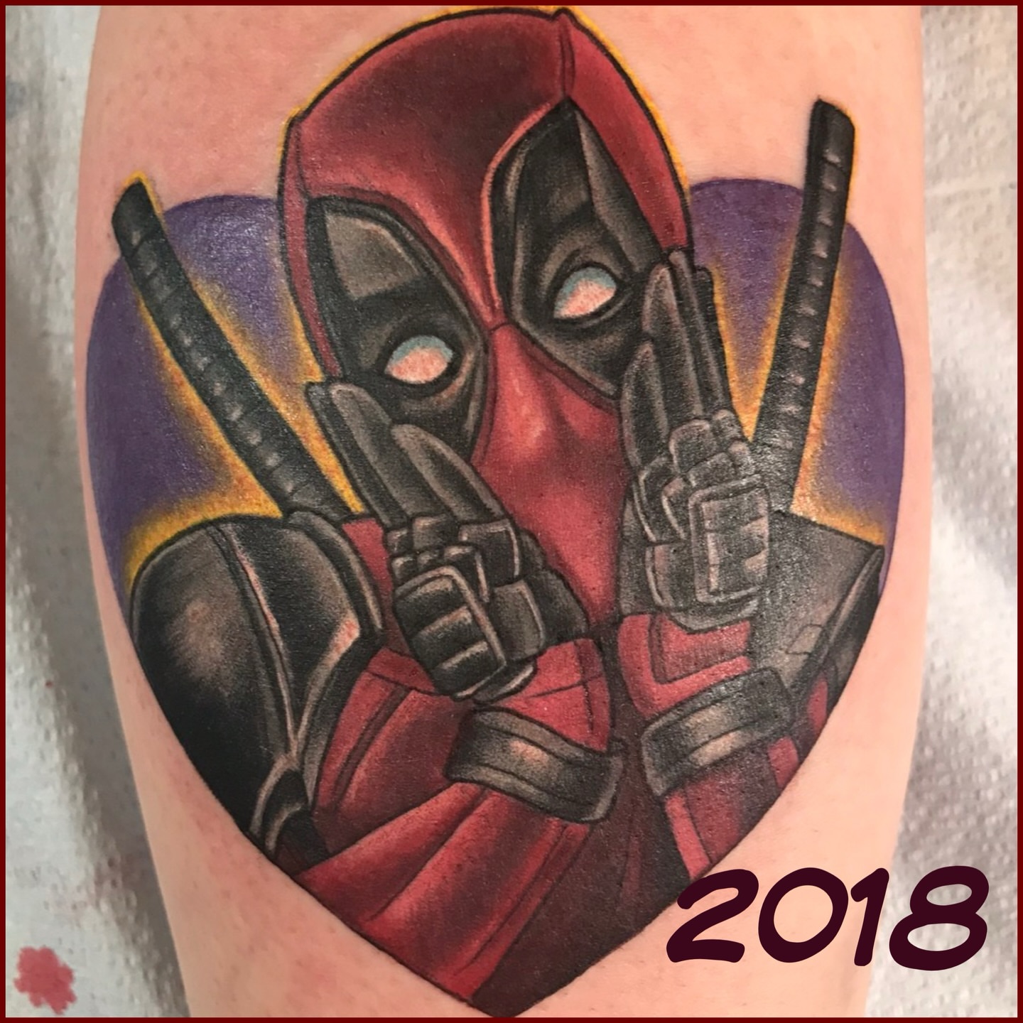 Deadpool realism tattoo on the forearm by Joe Capobianco, New Haven, Connecticut