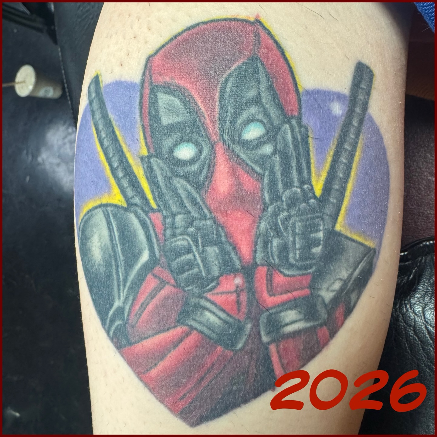 Deadpool American traditional tattoo on the forearm by Joe Capobianco, New Haven, Connecticut