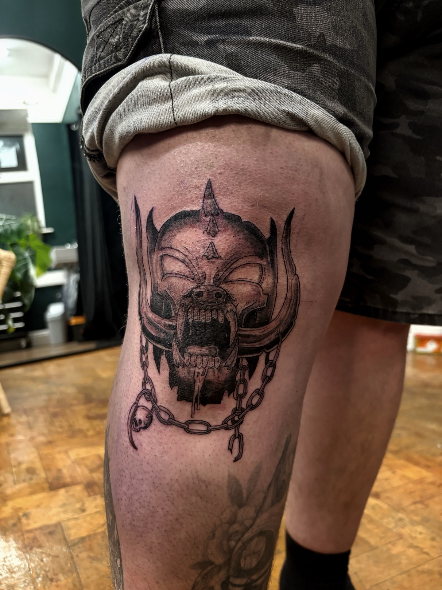 Tattoo by @scorchedbones_ — black_and_grey, dark_realism