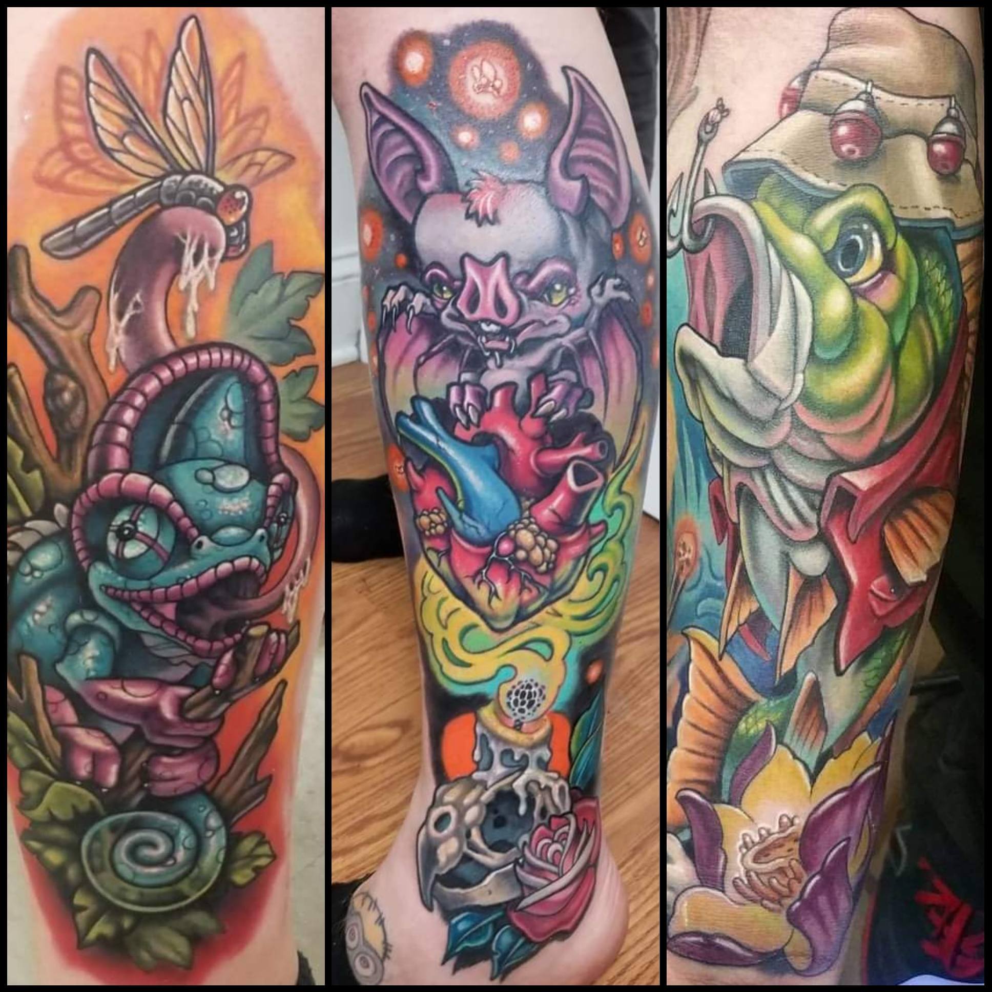 Monster and fish new school tattoo on the forearm by Chicago Tattoo Artist New School Tattoos, Naperville, Illinois