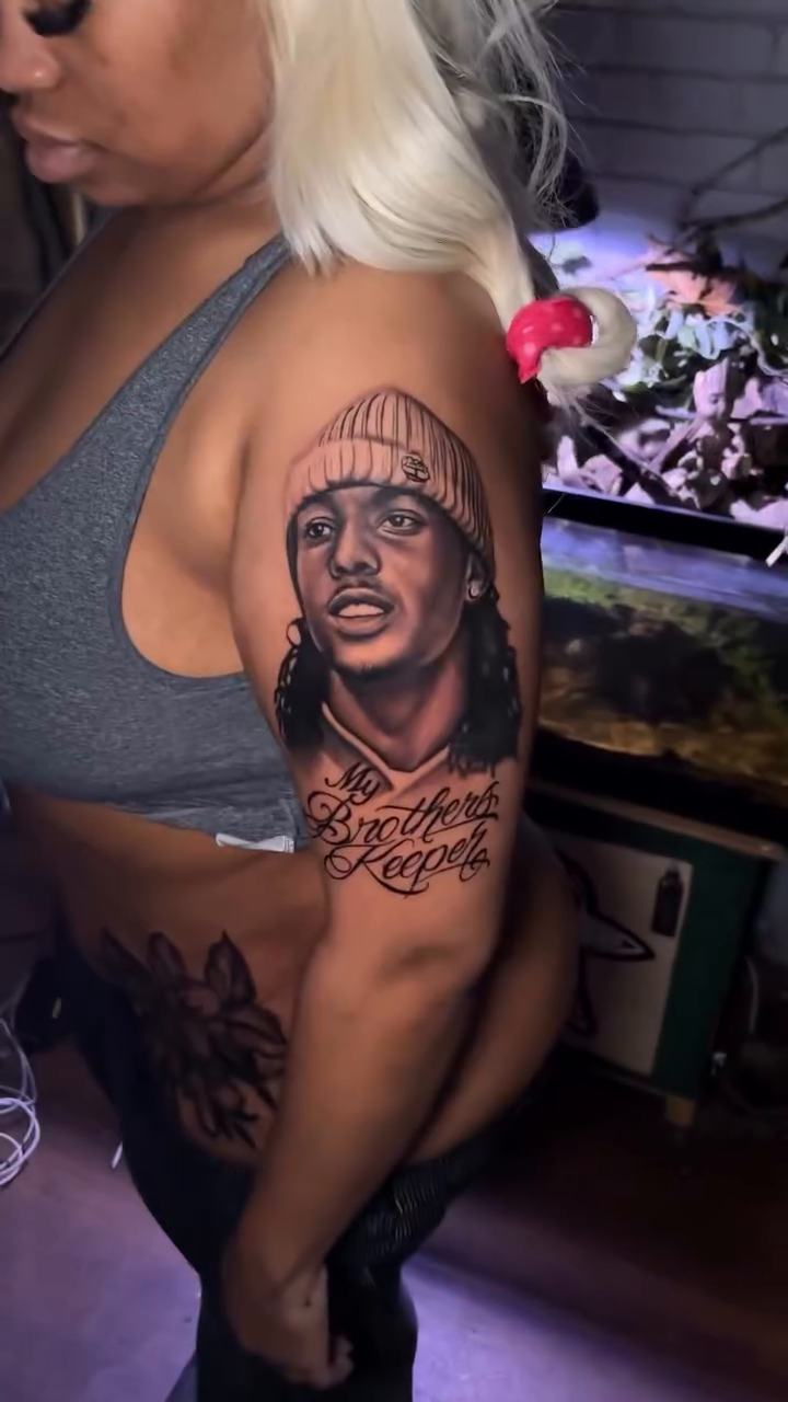 Portrait of a man on arm Chicano tattoo on the shoulder by Chicago Tattoo Artist