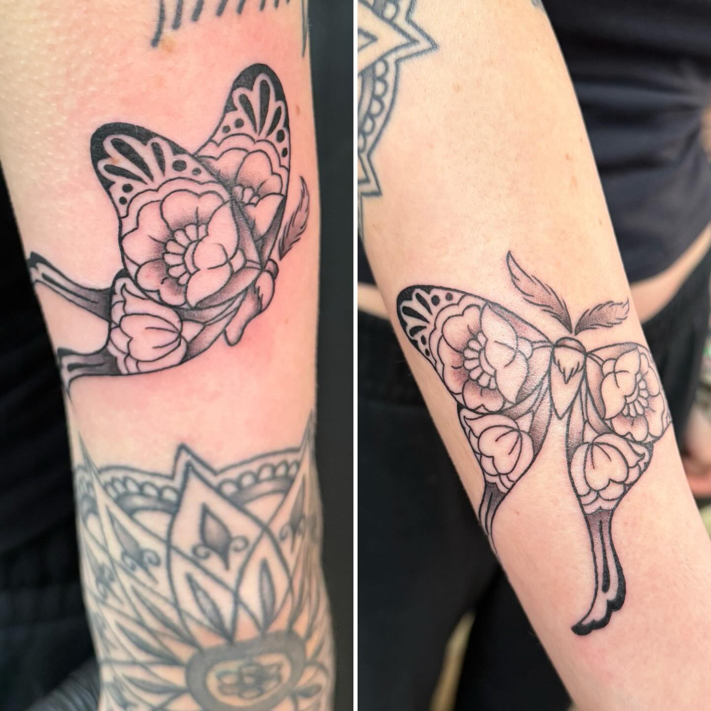 Butterfly and flowers American traditional tattoo on the forearm by Liz Glitz - Philadelphia Tattoo Artist