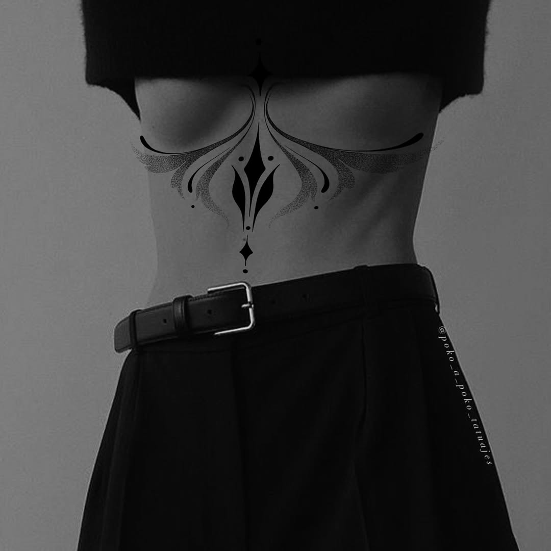 Abstract ornamental design cyber sigilism tattoo on the torso by @ethereal.ornamentalism