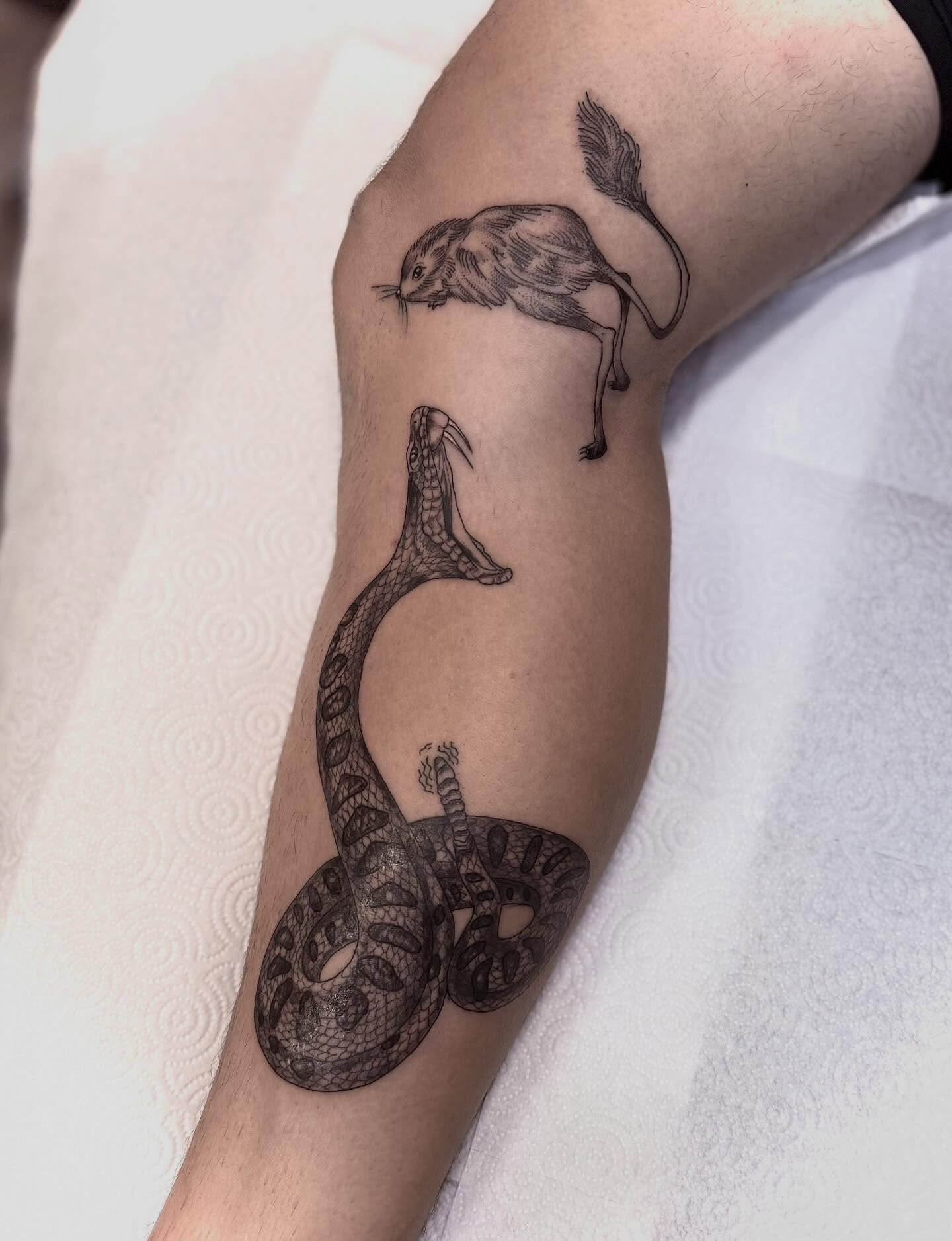 Snake and bird black and grey tattoo on the forearm by Jessica Abbey