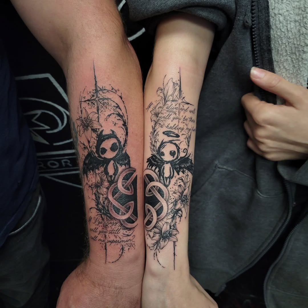 Dark art tattoo on the forearm by Marina Cobb