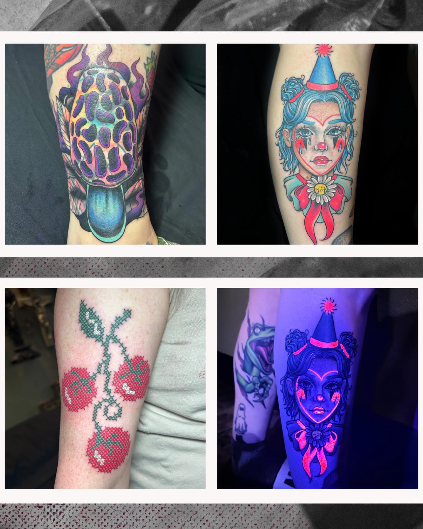 Clown dotwork tattoo on the forearm by Mary Rose Heckle