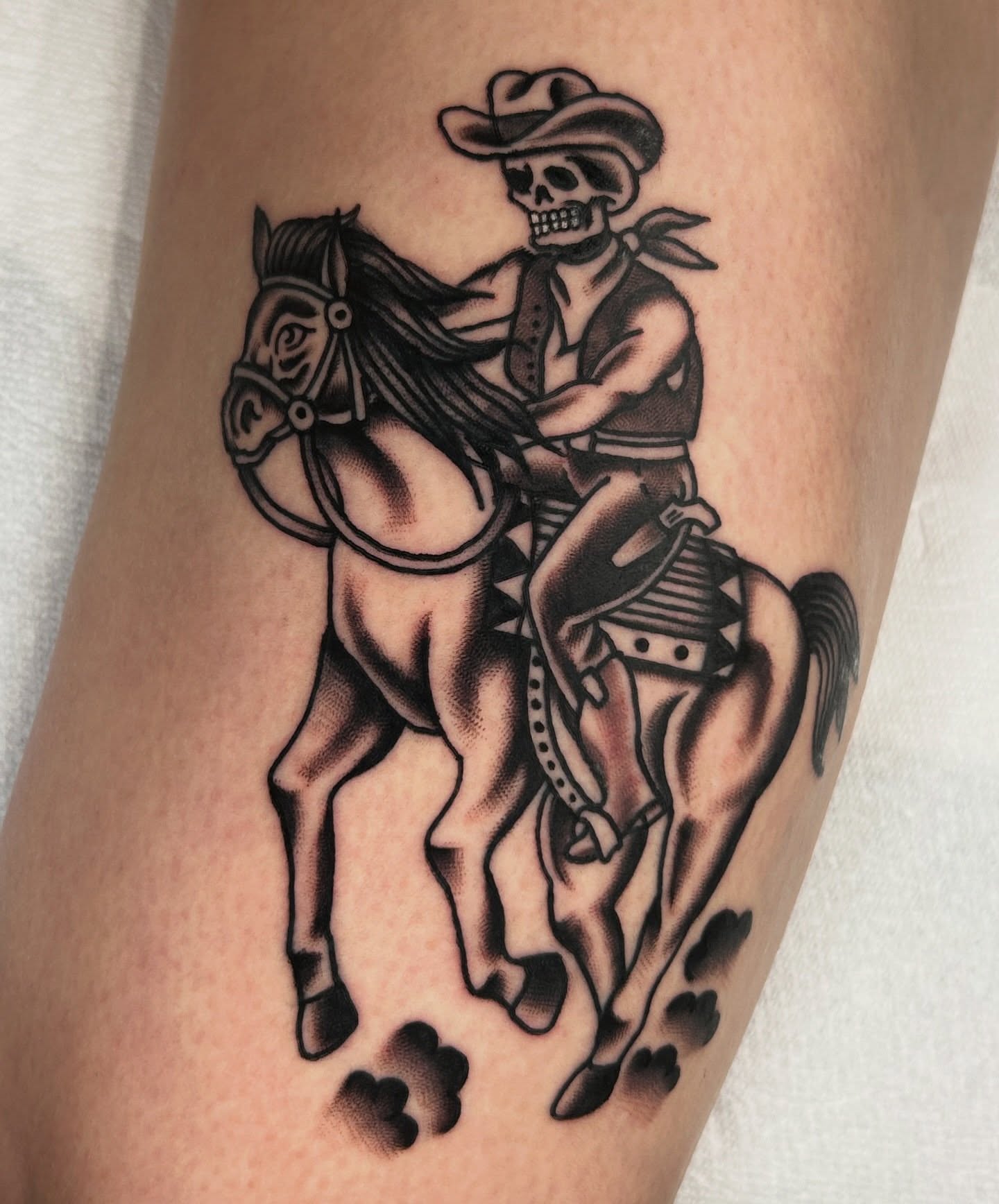 Cowboy skeleton on horse American traditional tattoo on the forearm by β π€ππ©π¦π©π’π β± β