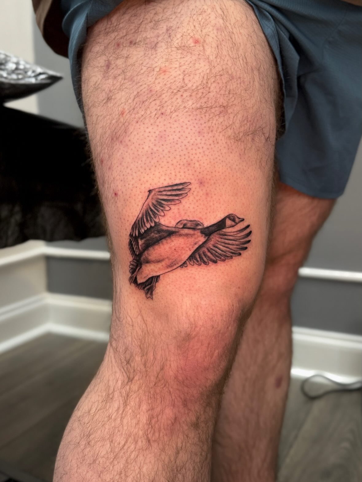 Swan black and grey tattoo on the thigh by Kamakana Pankiwska