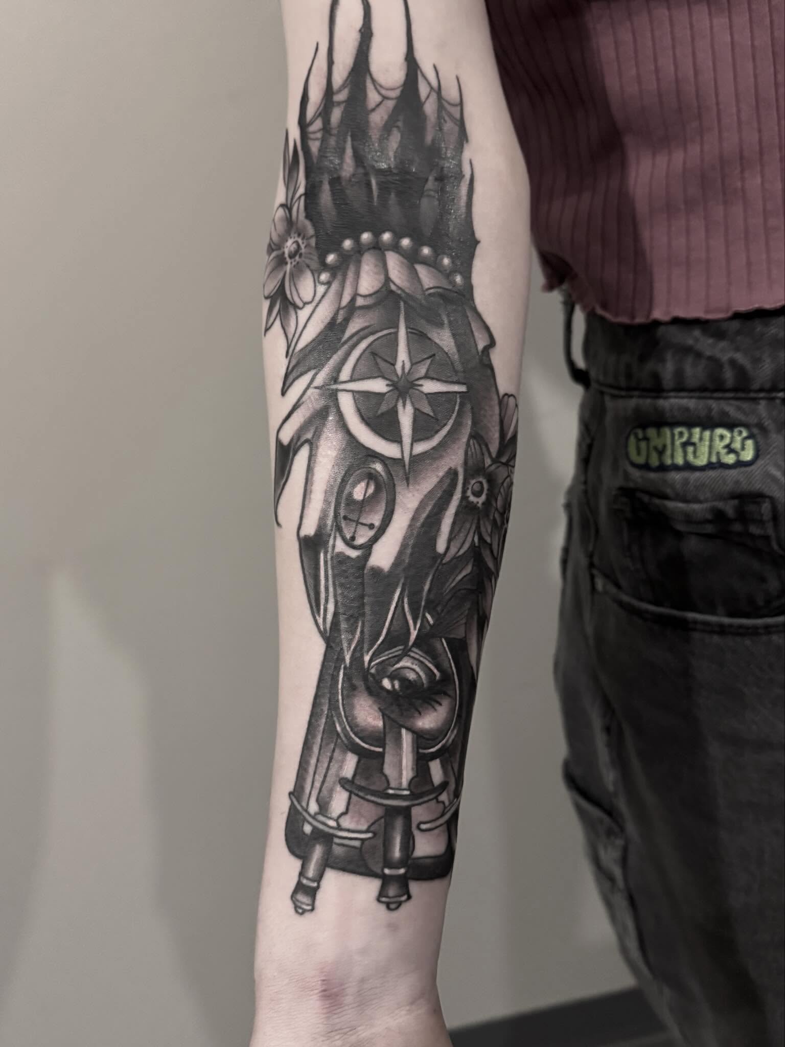 Castle and compass geometric tattoo on the forearm by Mike Bean, Minneapolis, Minnesota