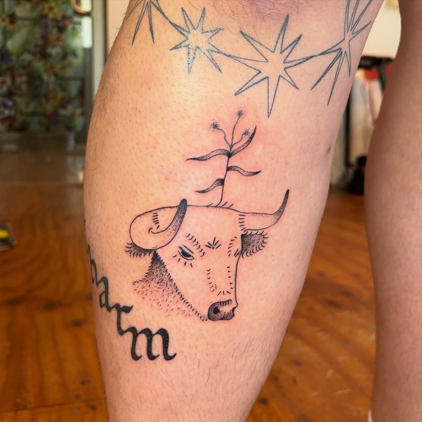 Bull head dotwork tattoo on the thigh by carla sofia