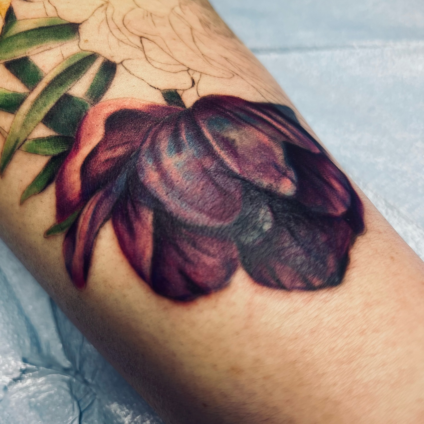 Purple tulip realism tattoo on the forearm by Sydney Rose