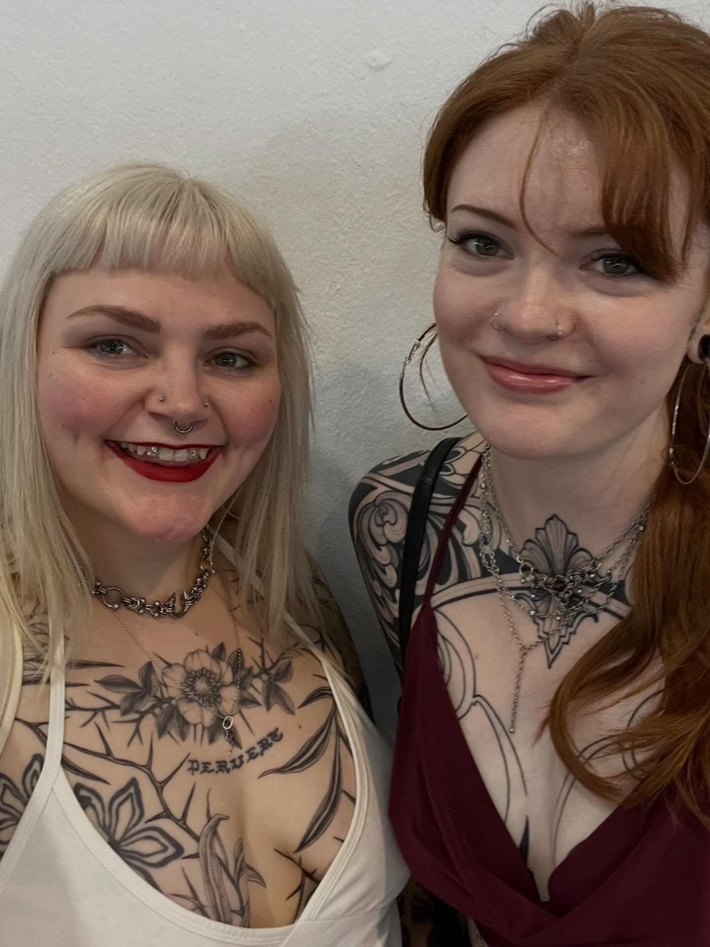 Floral and script American traditional tattoo on the chest by Tasha Venola, Bellingham, Washington