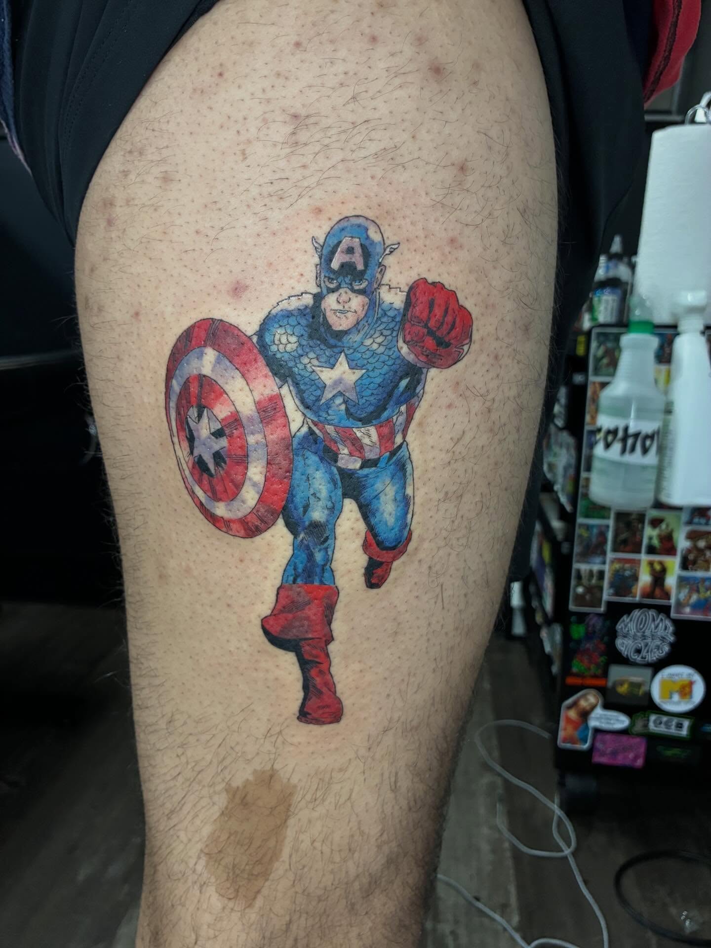 Captain America American traditional tattoo on the thigh by Hit & Run Tattoo, Dayton, Ohio