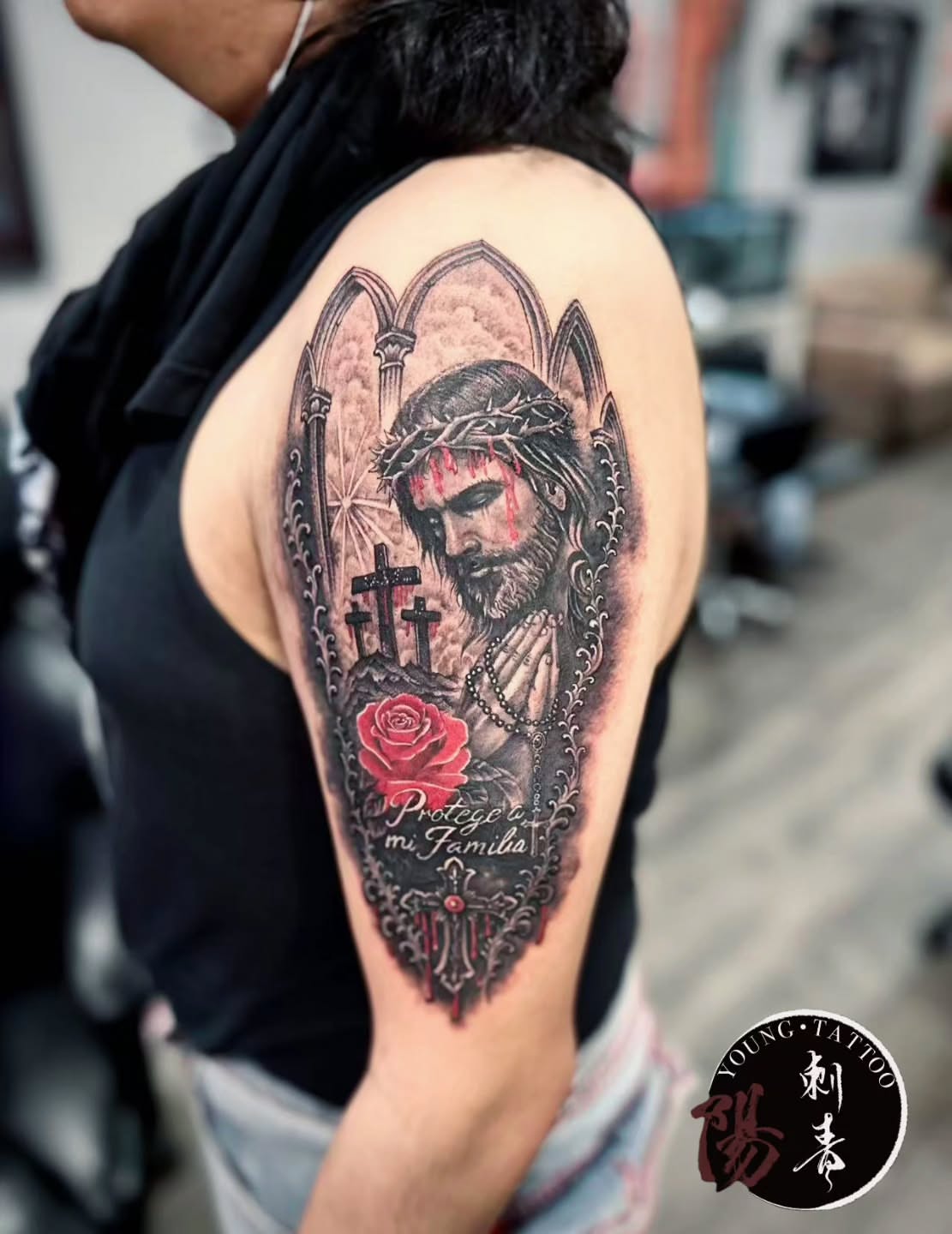 Jesus Christ realism tattoo on the shoulder by Ying