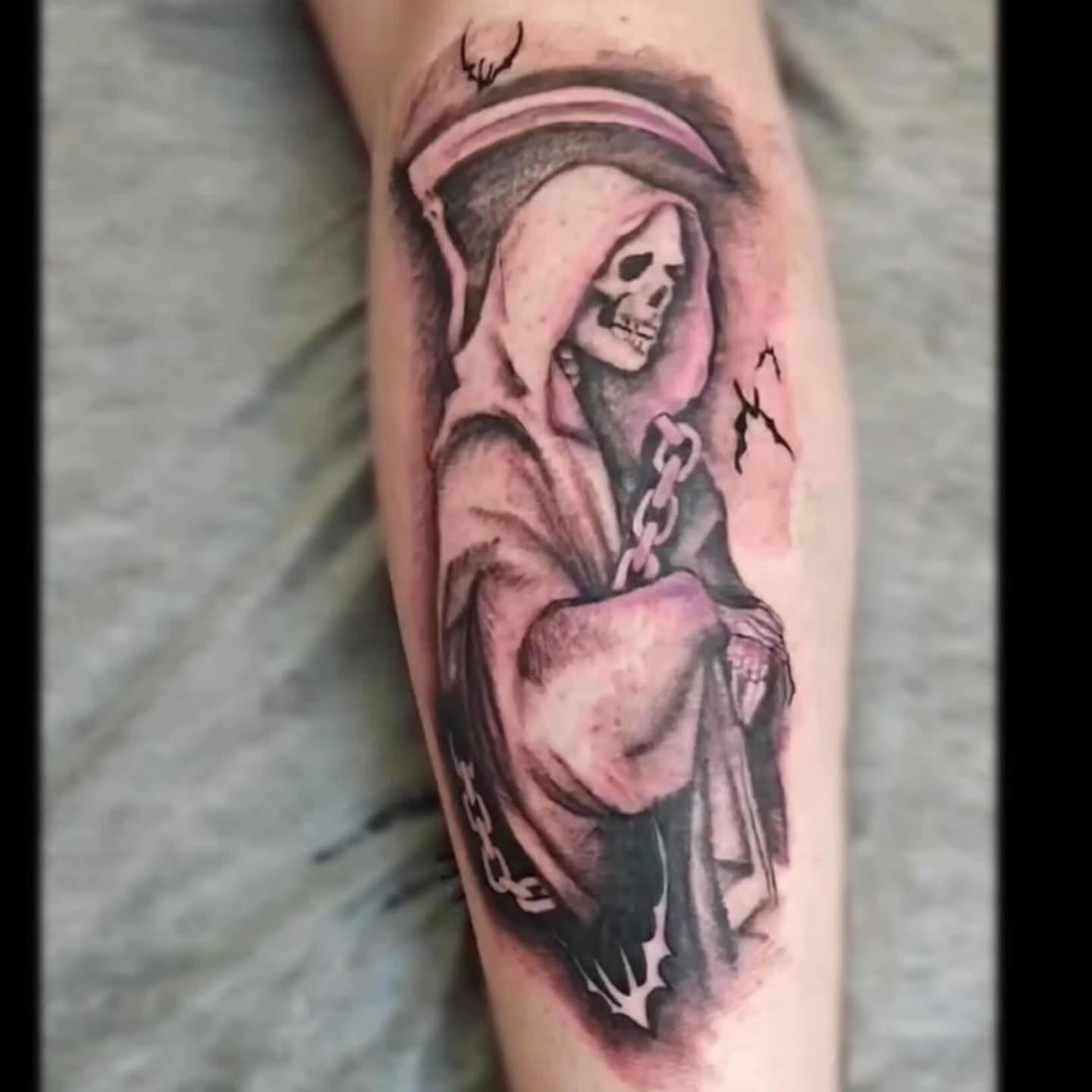 Grim reaper black and grey tattoo on the forearm by Sebastiana