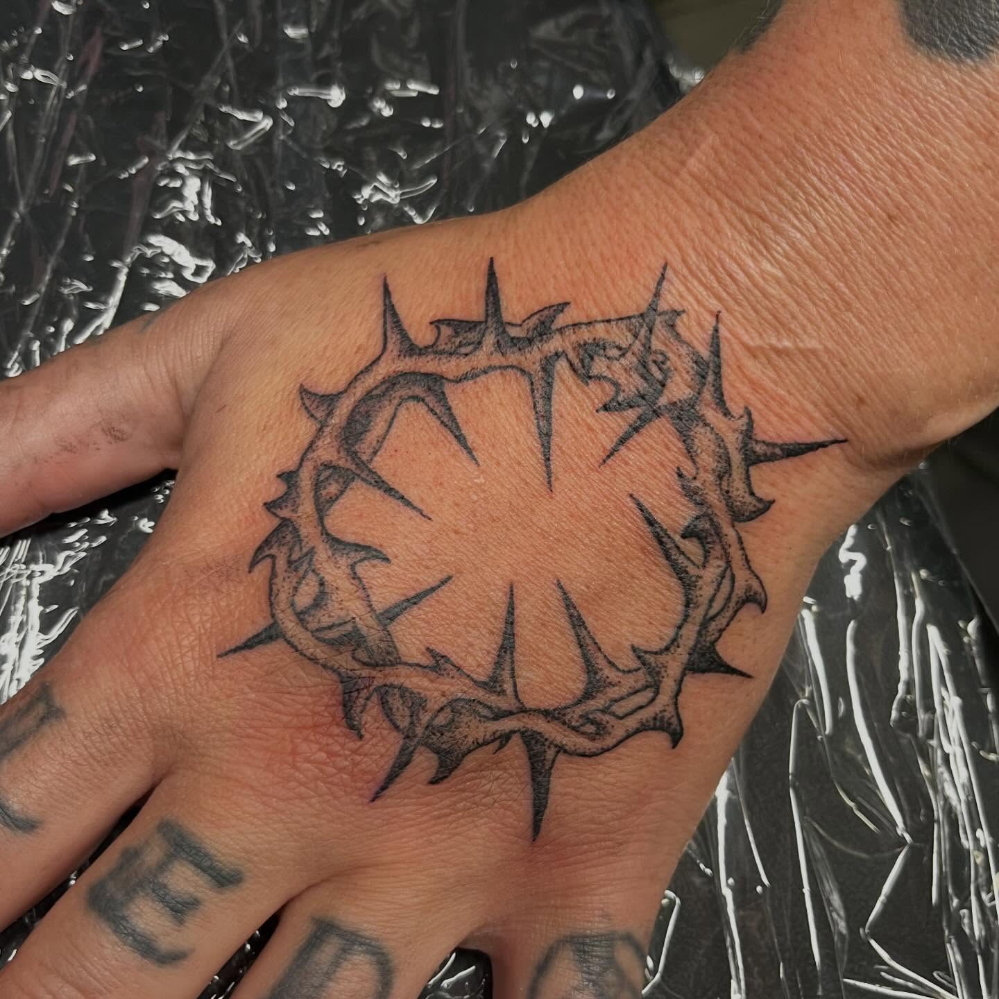 Crown of thorns black and grey tattoo on the hand by ⁎⁺˳✧༚Emma