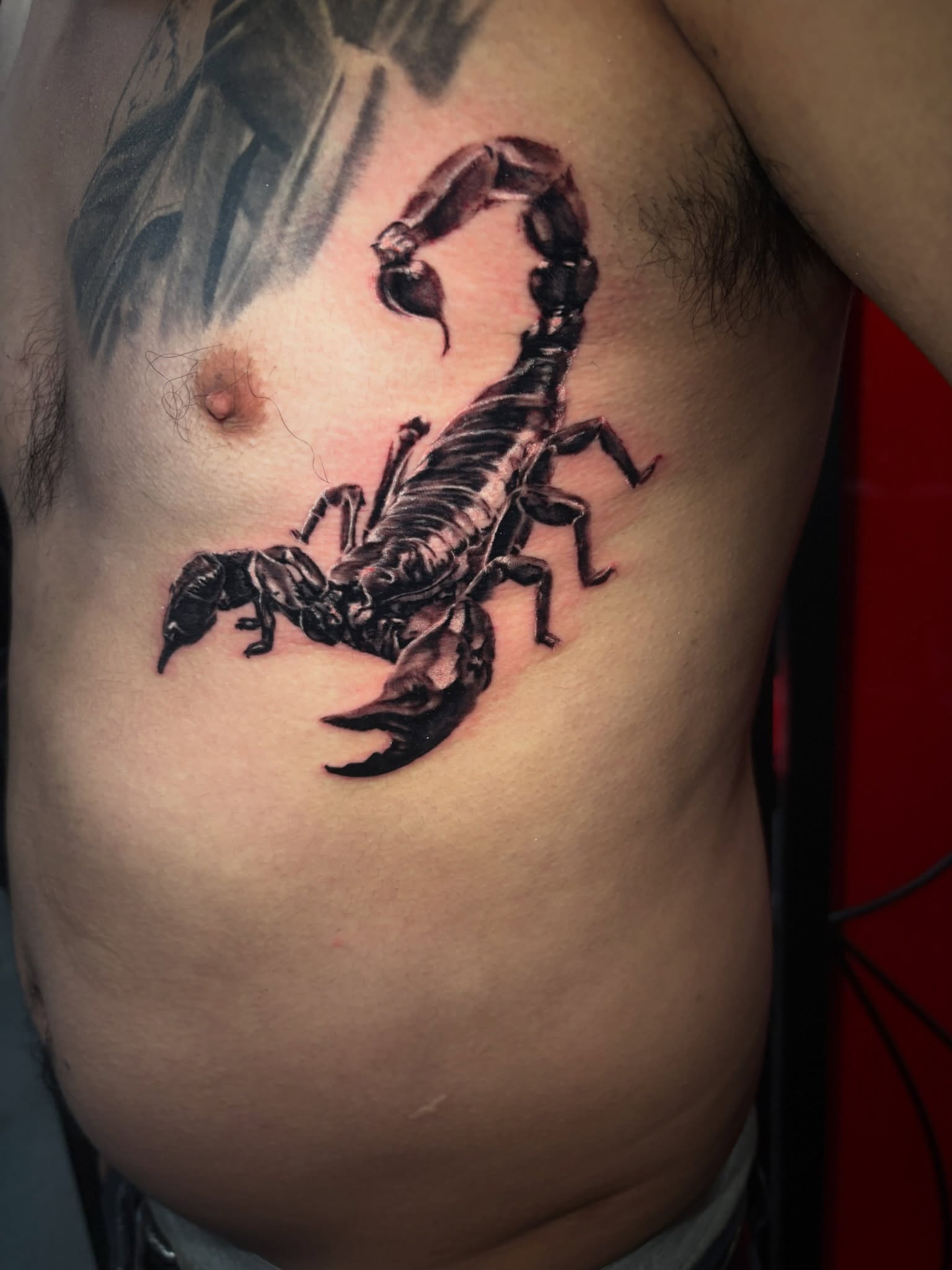 Scorpion realism tattoo on the chest by Ben Loredo