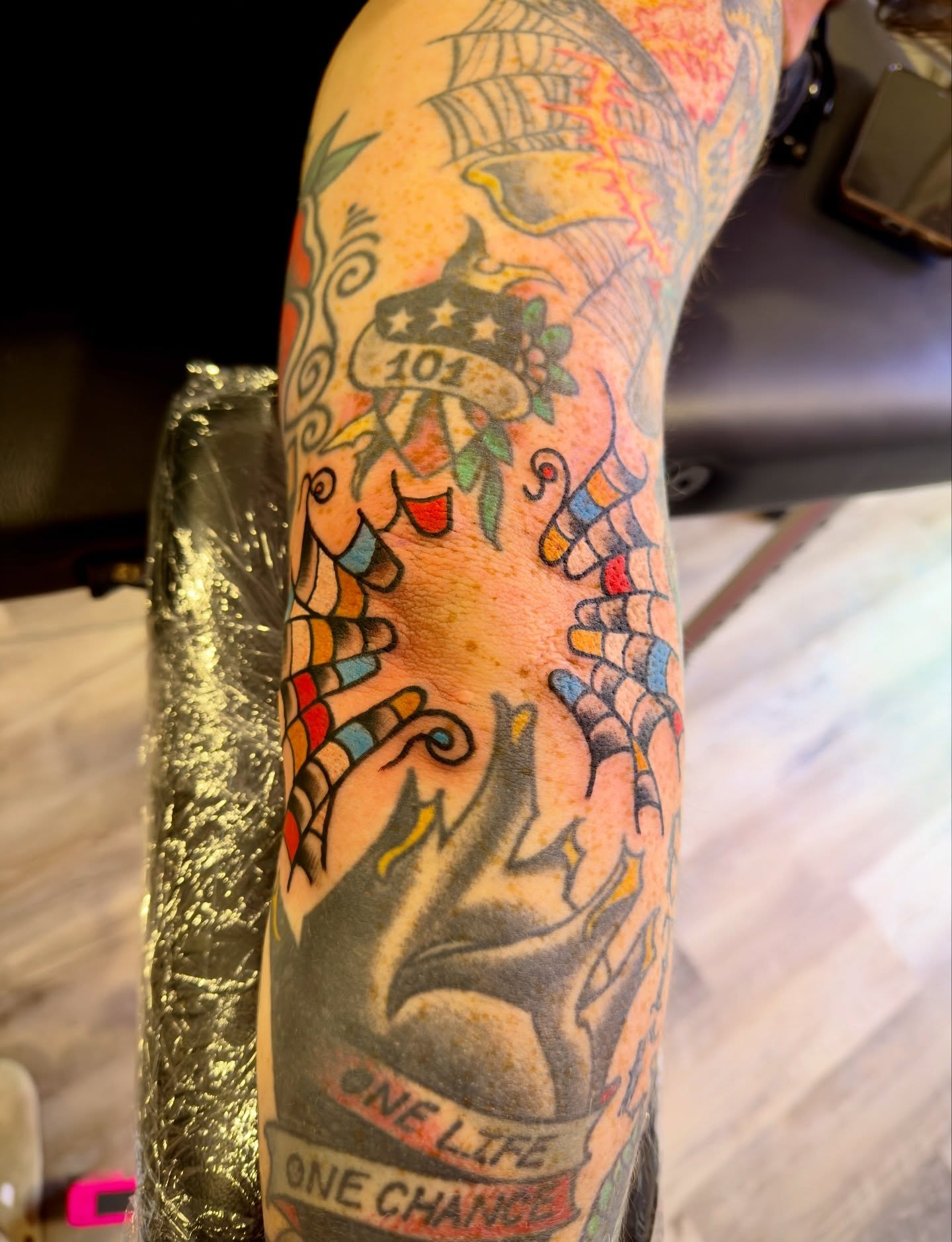 American flag eagle American traditional tattoo on the forearm by Jimmy Kelley