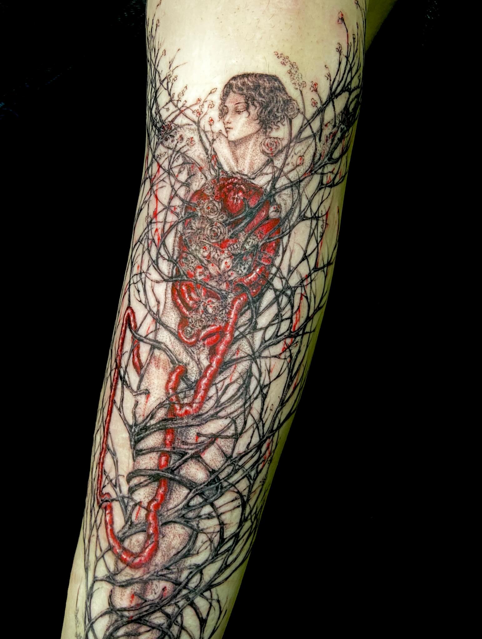 Woman in floral dress illustrative tattoo on the forearm by ༒ ₐₙ𝓰ₑₗₐ  ༒
