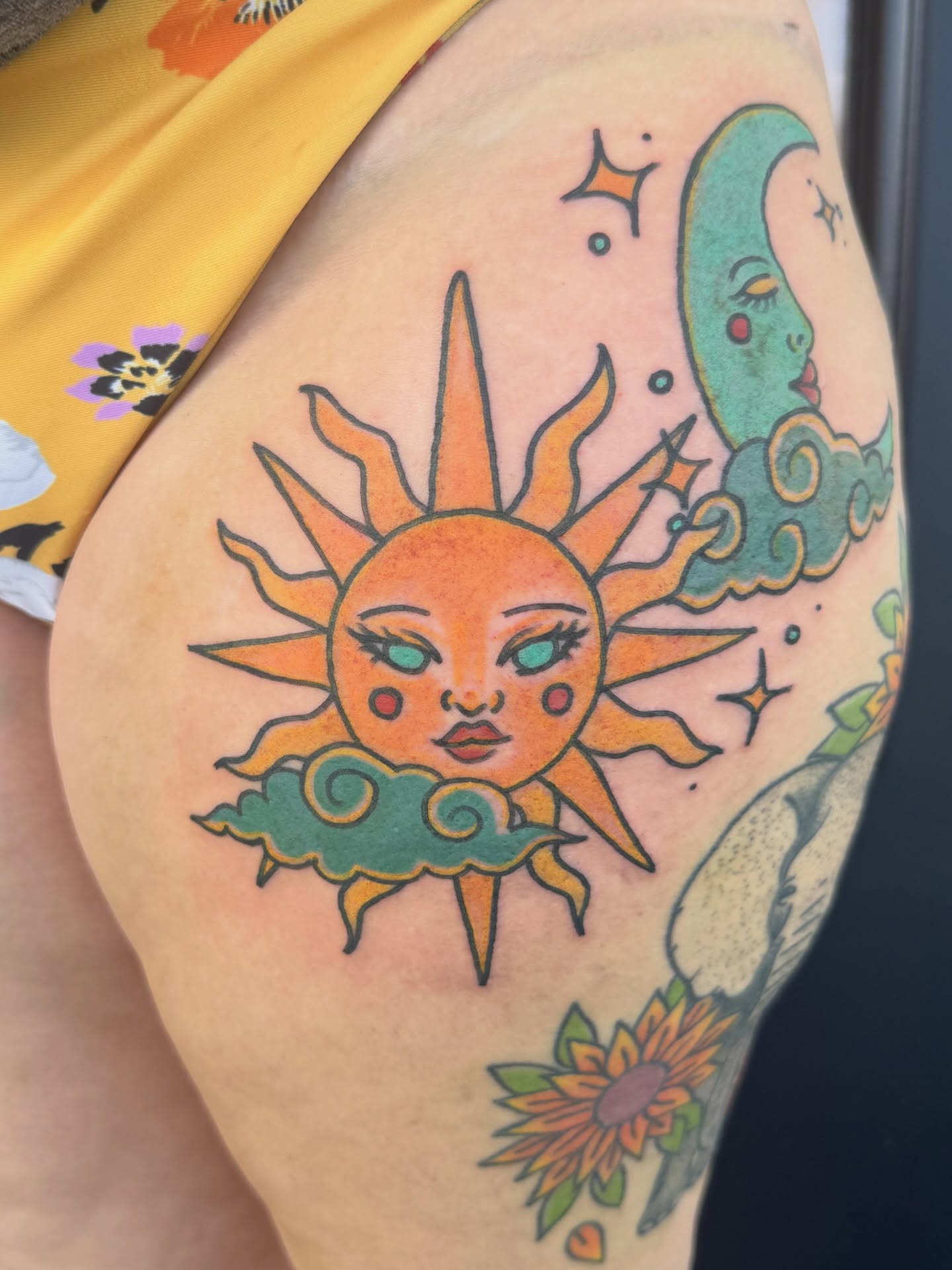 Sun and moon American traditional tattoo on the thigh by 👾 not ur baby’s ink 👾